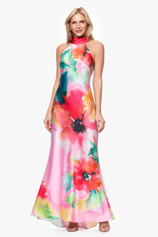 "Poppy" Print Satin Halter Floor Length Dress sold by Xscape