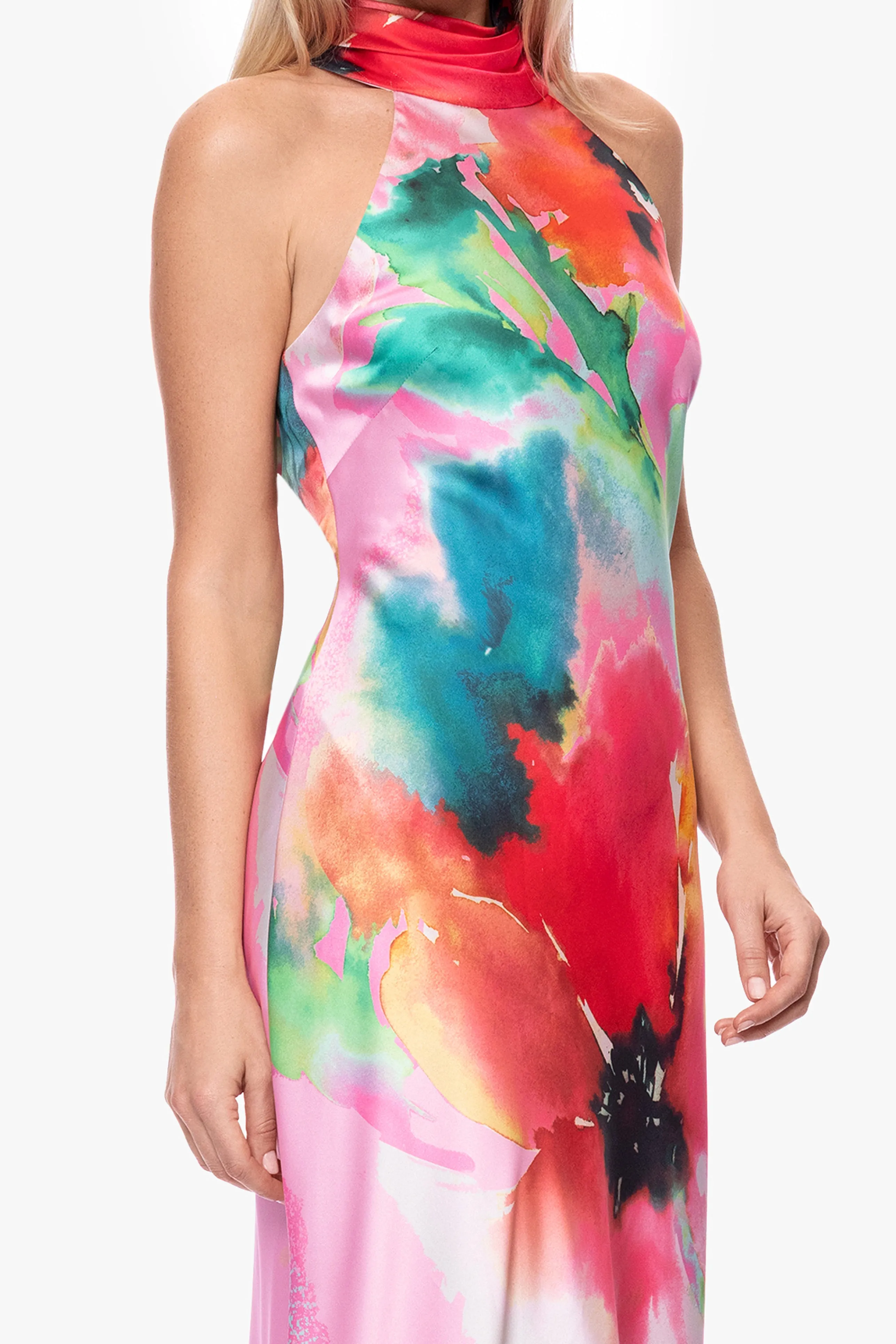 "Poppy" Print Satin Halter Floor Length Dress sold by Xscape product image thumbnail 2