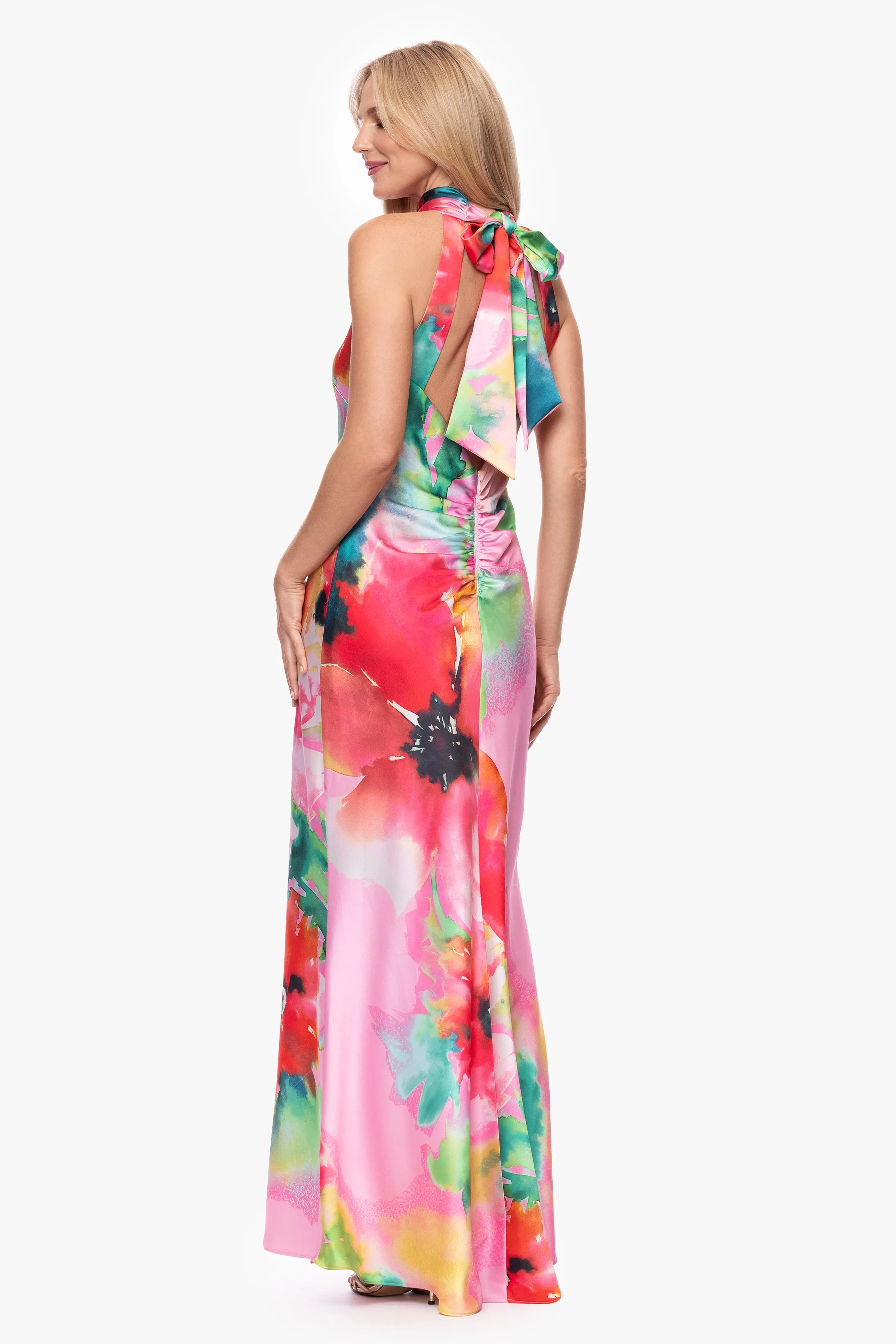 "Poppy" Print Satin Halter Floor Length Dress sold by Xscape product image thumbnail 3