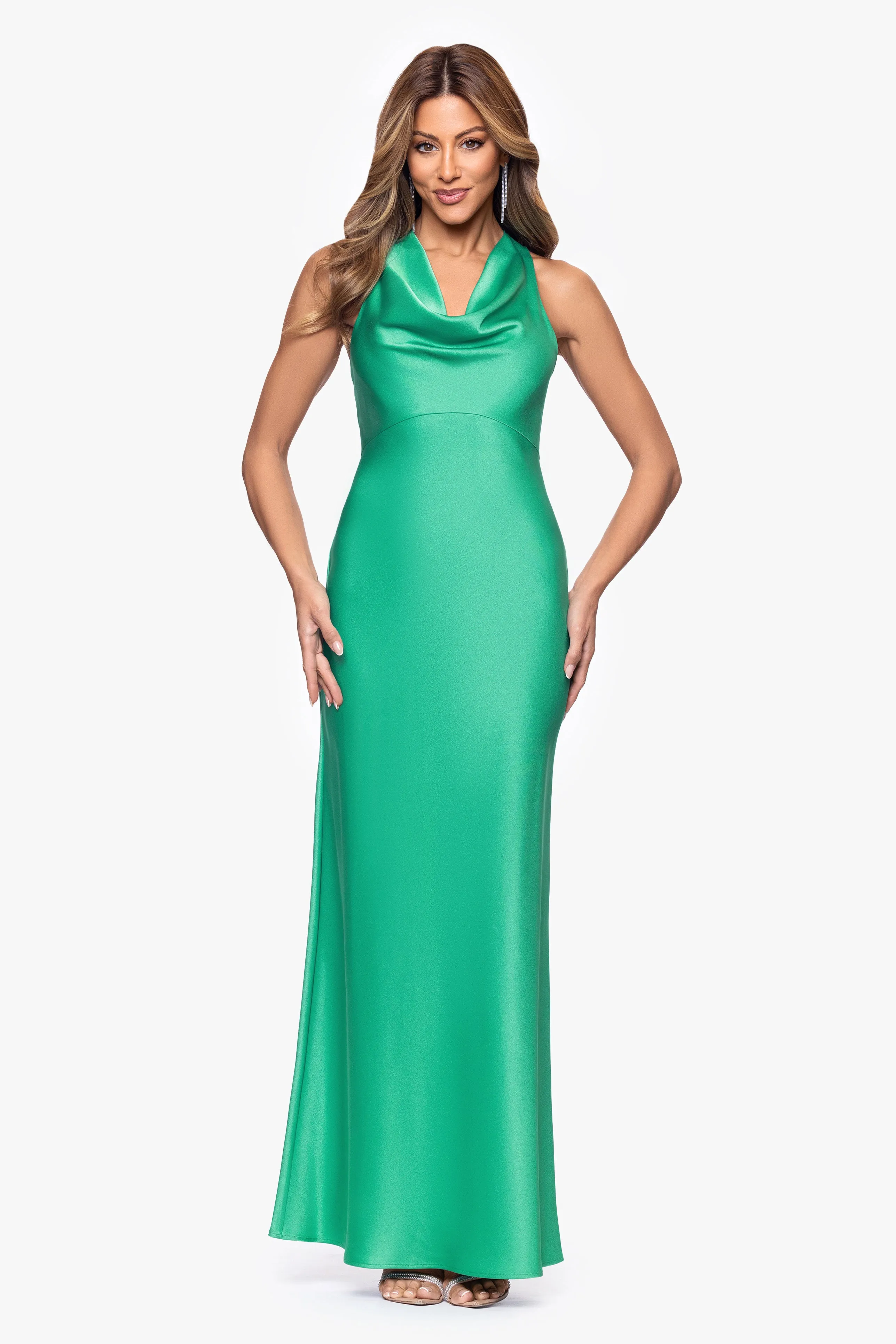 "Veronica" Satin Cowl Neck Floor Length Dress sold by Xscape