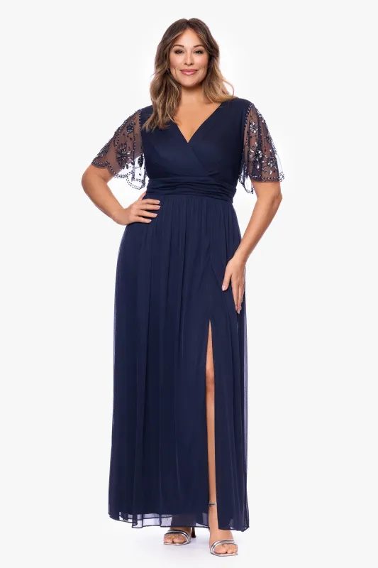Plus "Aurelia" Sheer Jersey Mesh Beaded Sleeve Floor Length Dress sold by Xscape