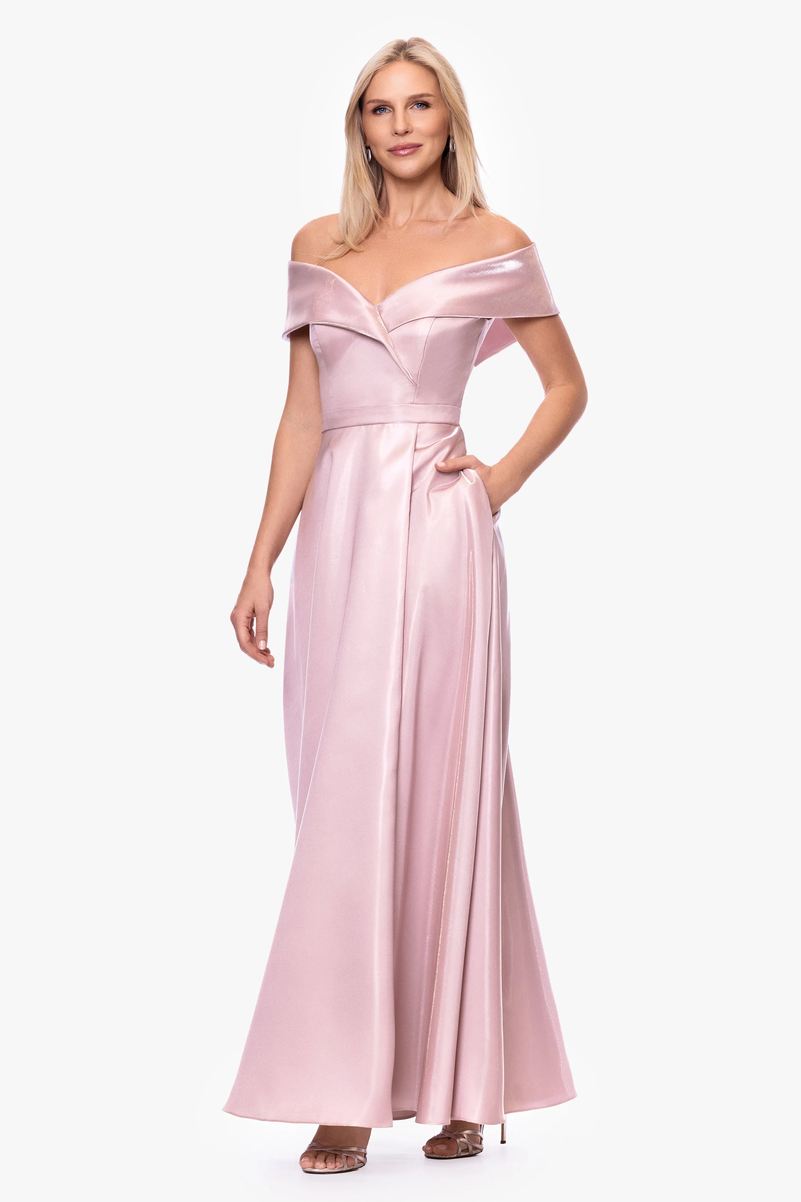 Petite "Laney" Mikado Off the Shoulder Floor Length Dress sold by Xscape product image thumbnail 4