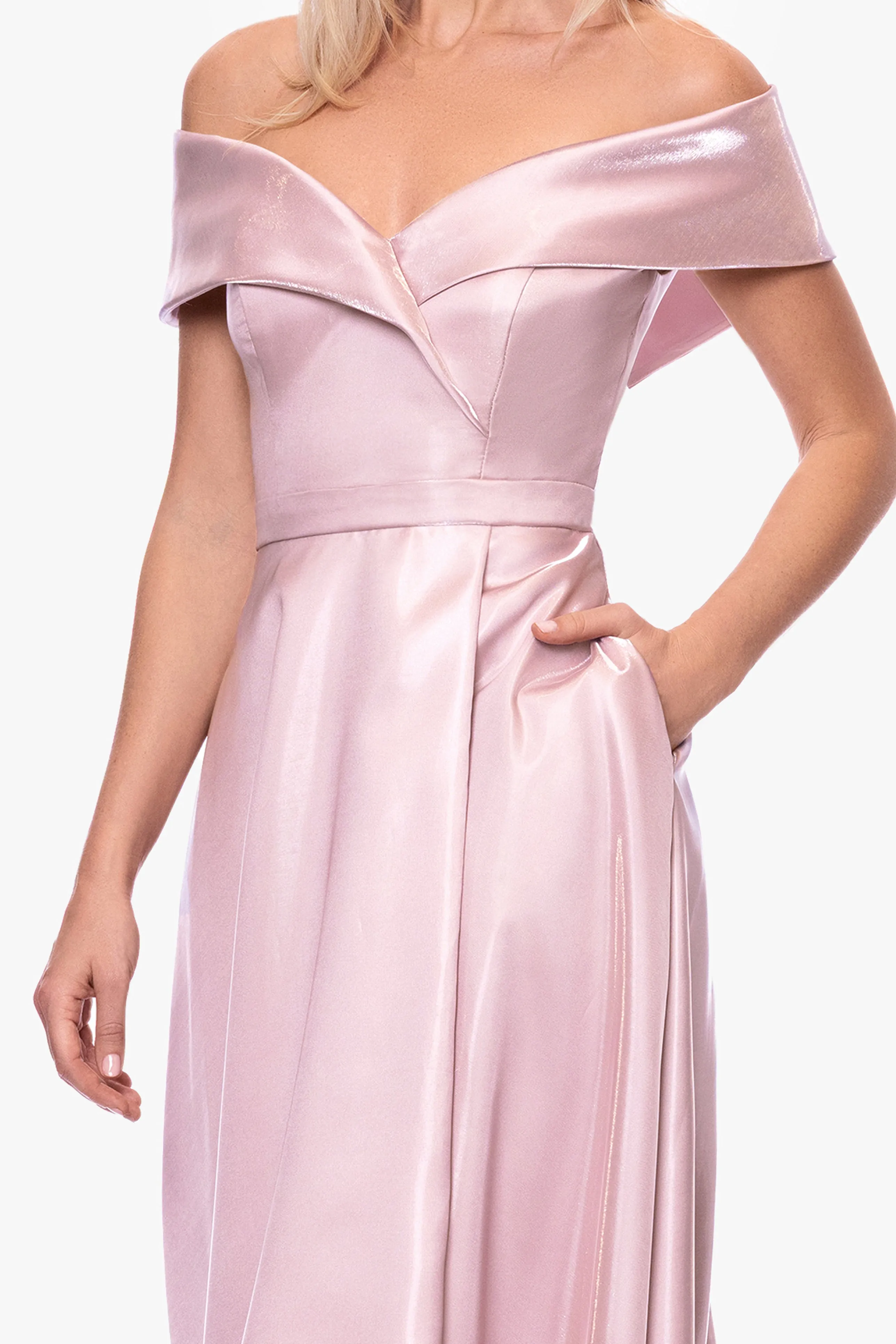 Petite "Laney" Mikado Off the Shoulder Floor Length Dress sold by Xscape product image thumbnail 2