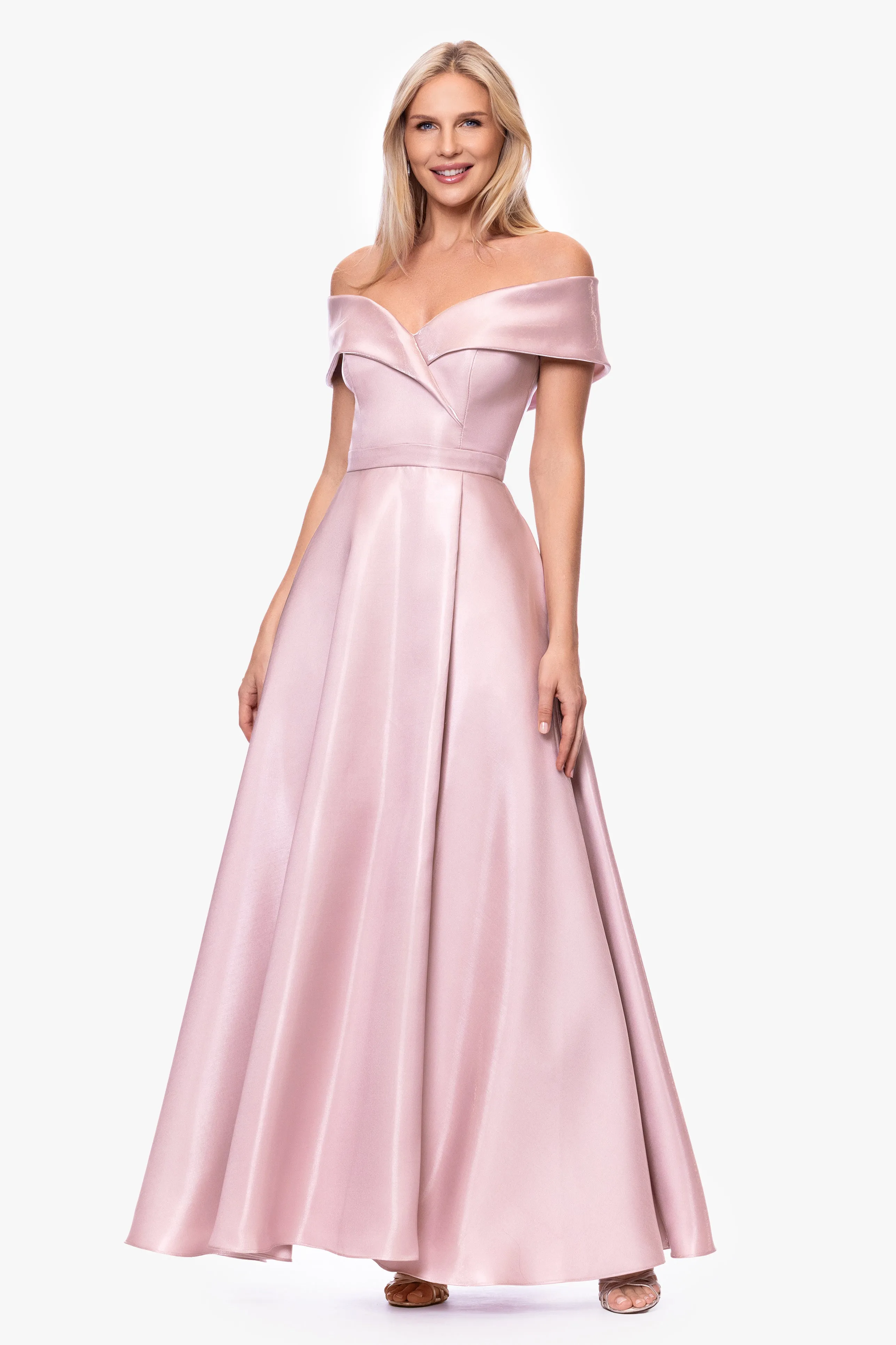 Petite "Laney" Mikado Off the Shoulder Floor Length Dress sold by Xscape