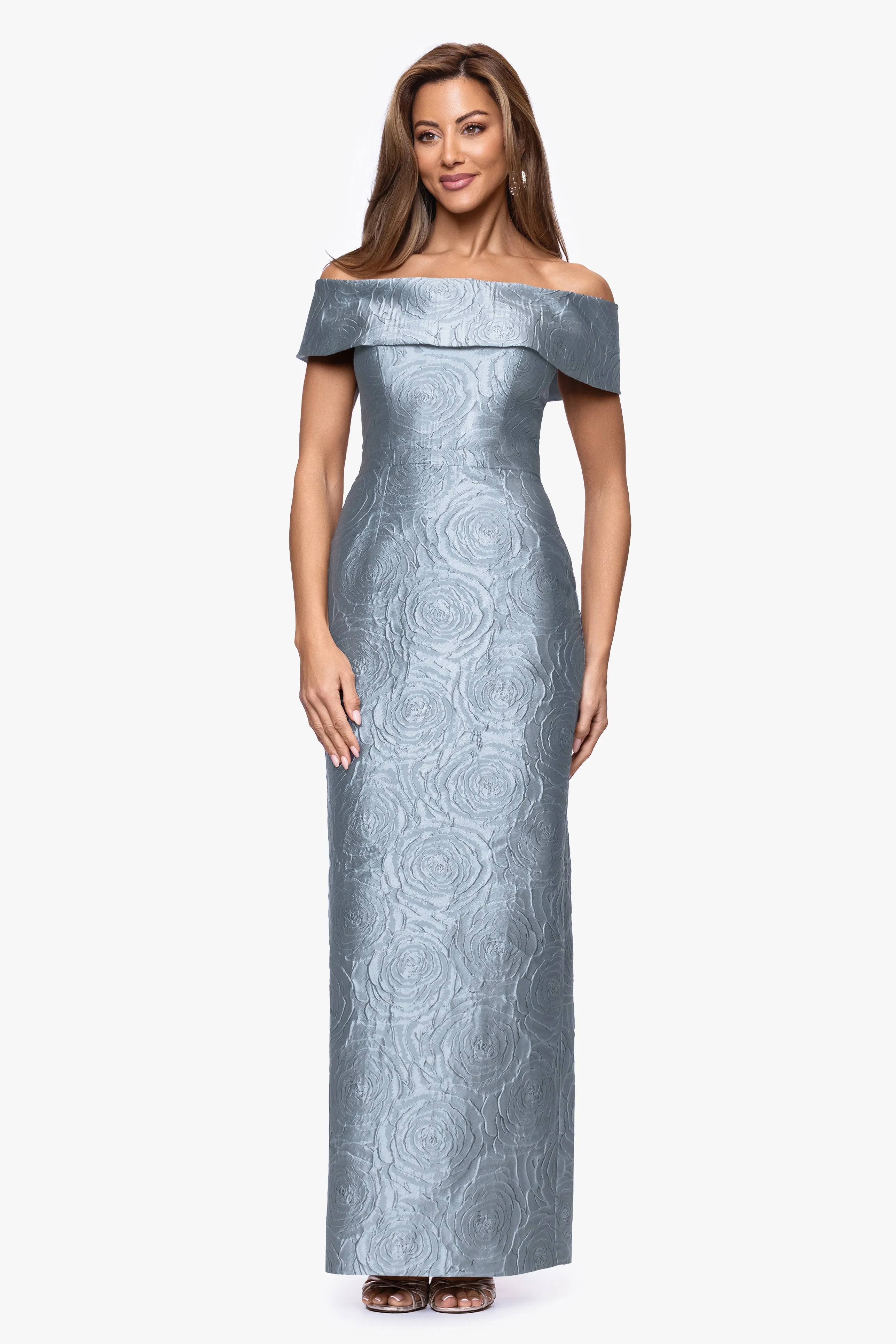 "Barbara" Jacquard Off the Shoulder Floor Length Dress sold by Xscape
