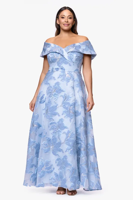 Plus "Alexi" Organza & Jacquard Off Shoulder Floor Length Dress sold by Xscape