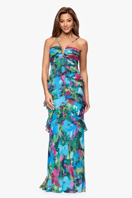 "Jayla" Print Chiffon Tiered Ruffle Floor Length Dress sold by Xscape