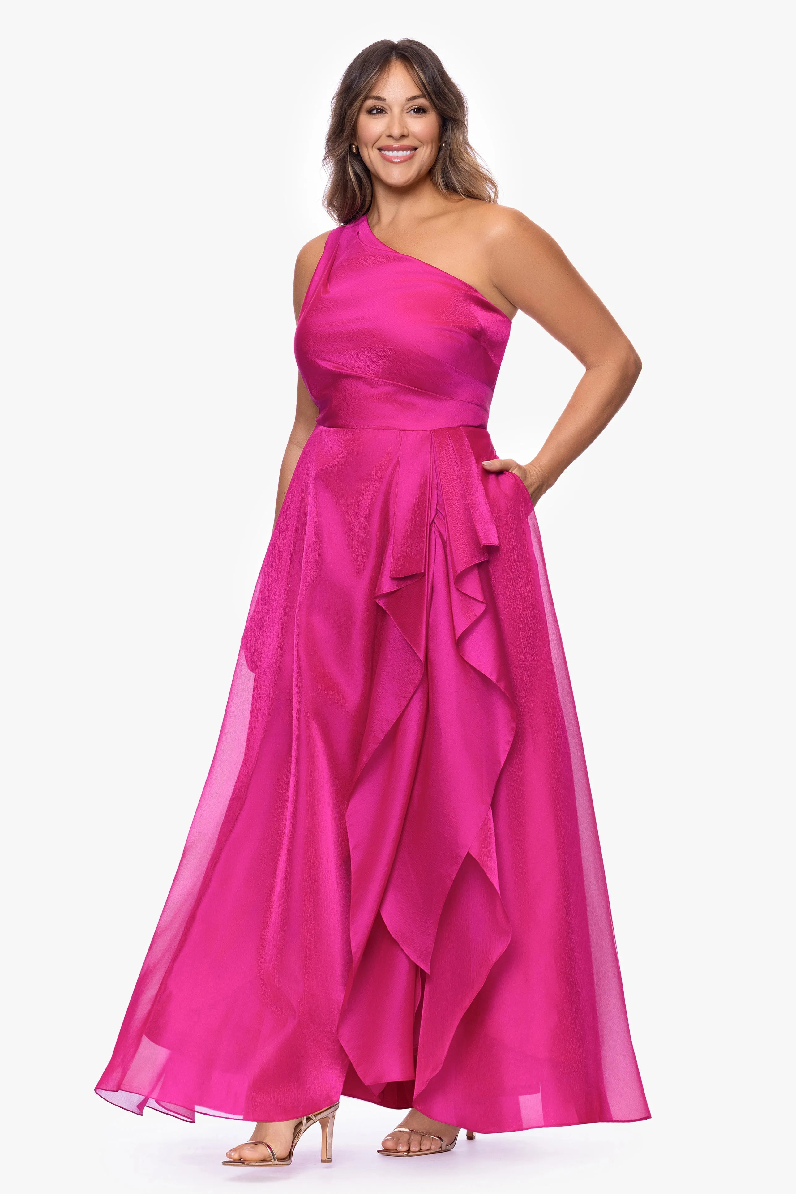 Plus "Samantha" Organza One Shoulder Ruffle Floor Length Dress sold by Xscape product image thumbnail 4