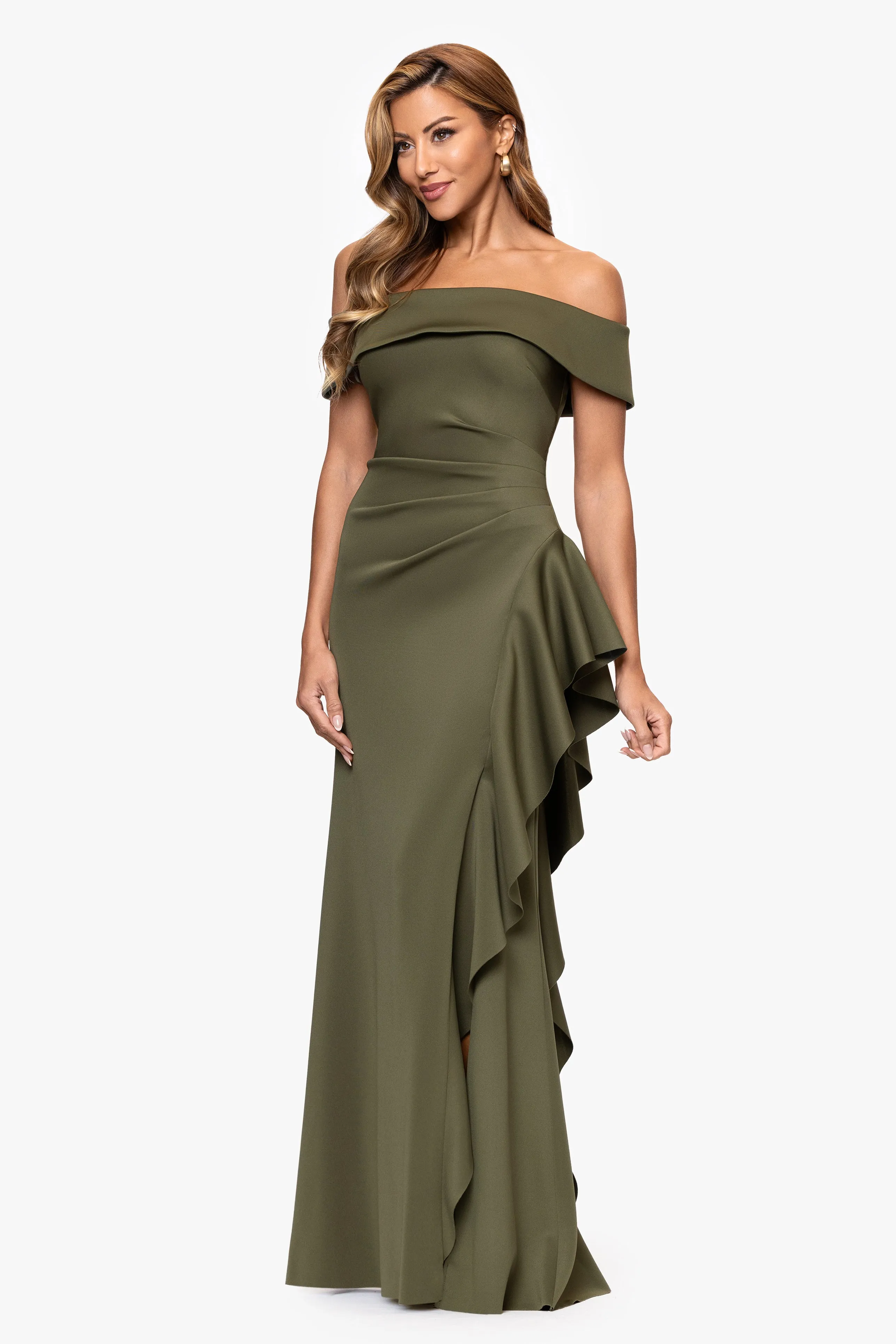 Petite "Dolly" Techno Scuba Off the Shoulder Ruffle Floor Length Dress sold by Xscape product image thumbnail 4