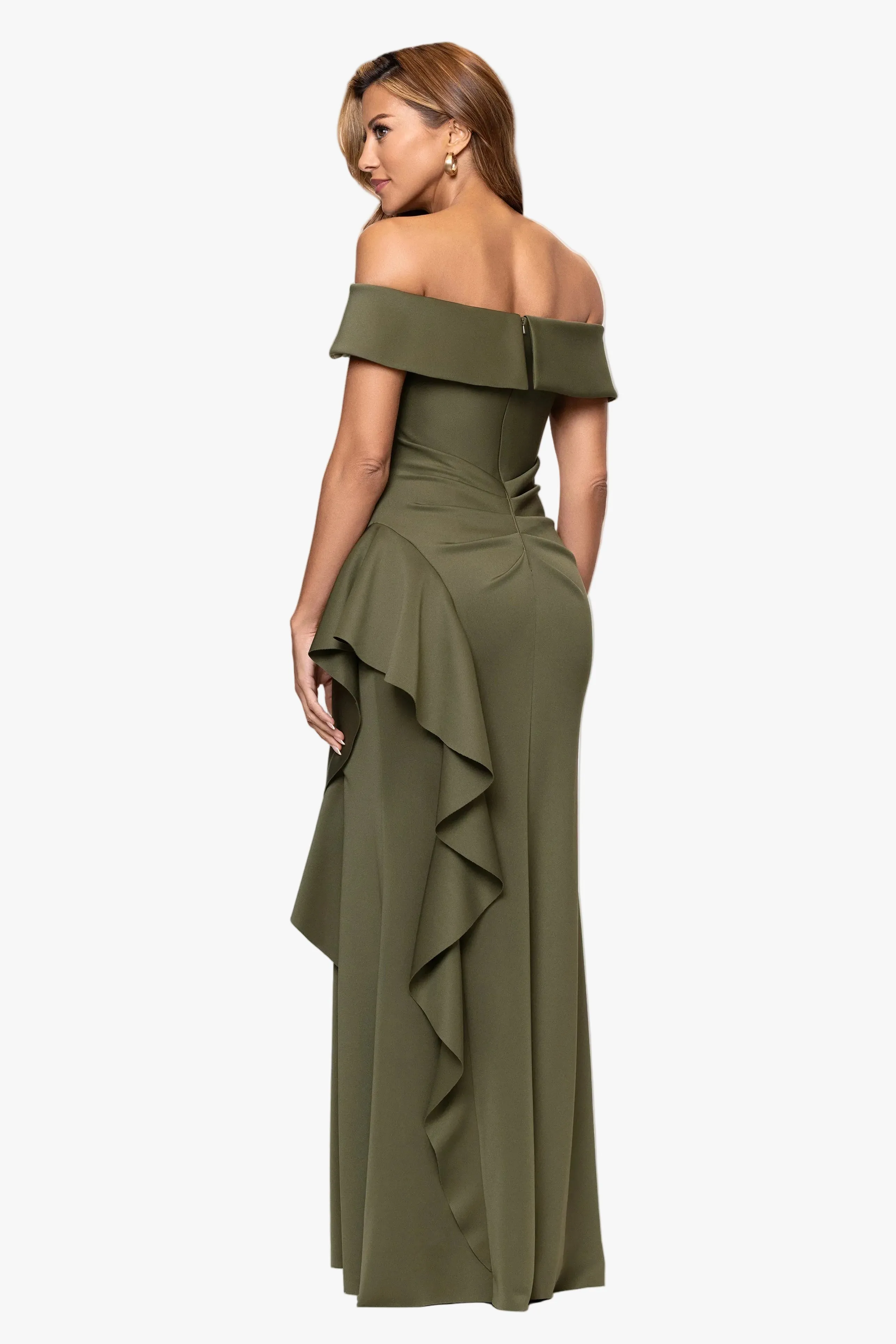 Petite "Dolly" Techno Scuba Off the Shoulder Ruffle Floor Length Dress sold by Xscape product image thumbnail 3