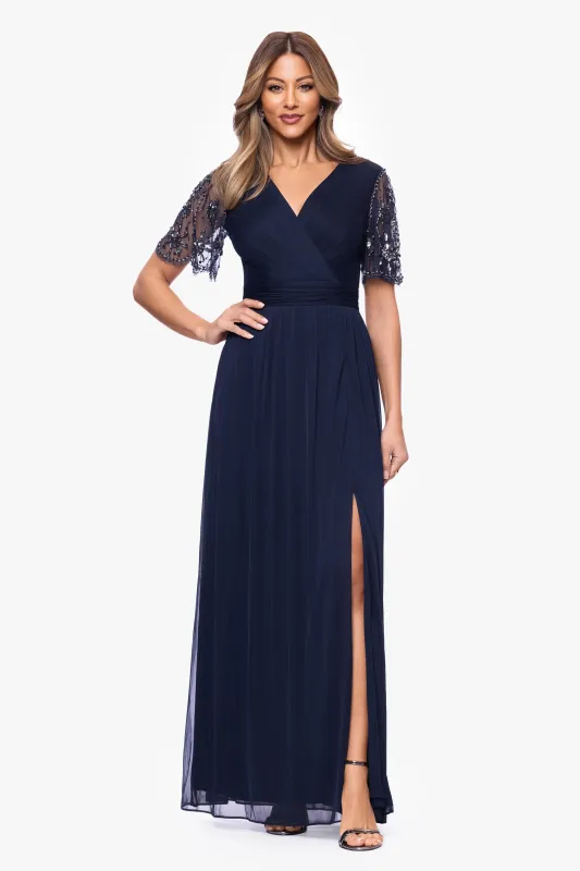 "Aurelia" Sheer Jersey Mesh Beaded Sleeve Floor Length Dress sold by Xscape
