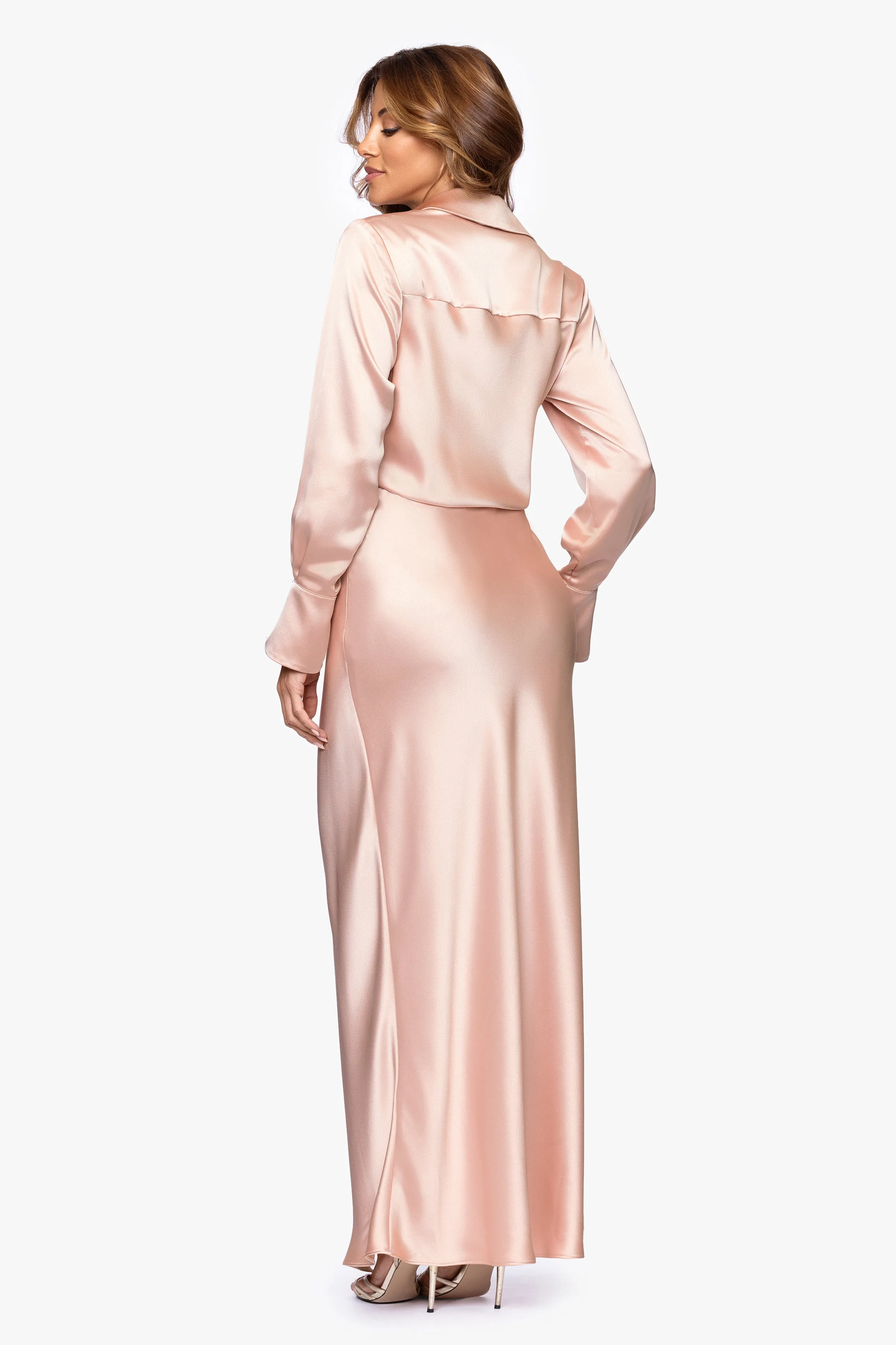 "Emery" Long Satin Long Sleeve Collared Dress sold by Xscape product image thumbnail 3