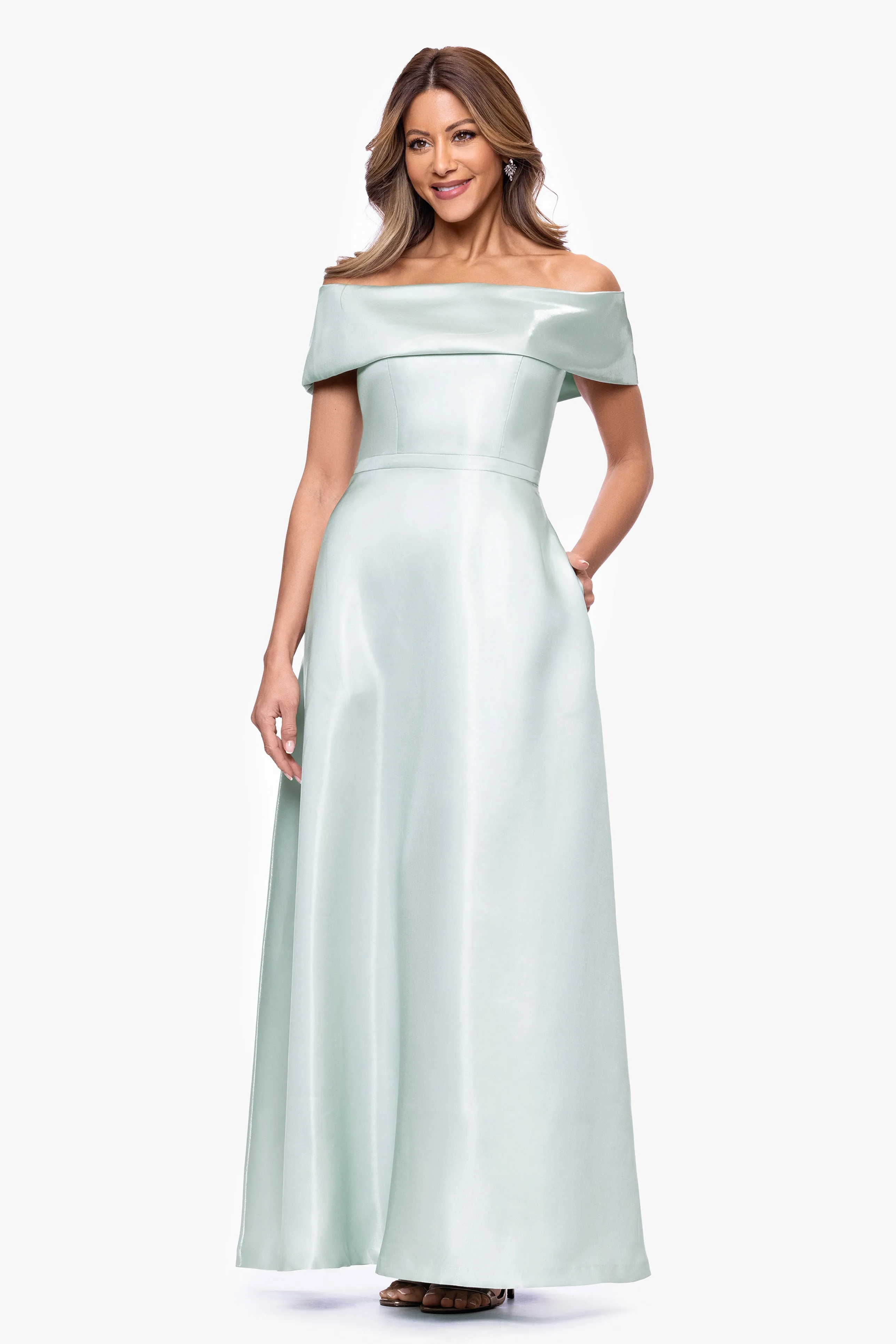 "Helena" Mikado Off The Shoulder Floor Length Dress sold by Xscape