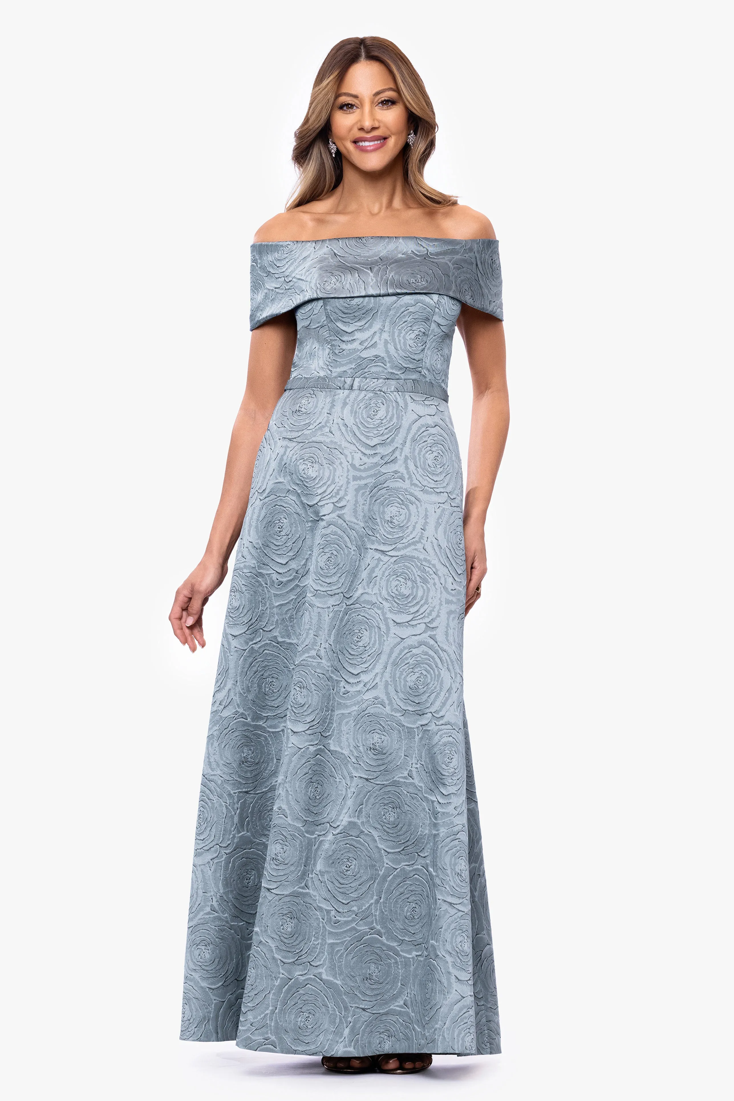 "Gloria" Brocade Off The Shoulder Floor Length Dress sold by Xscape