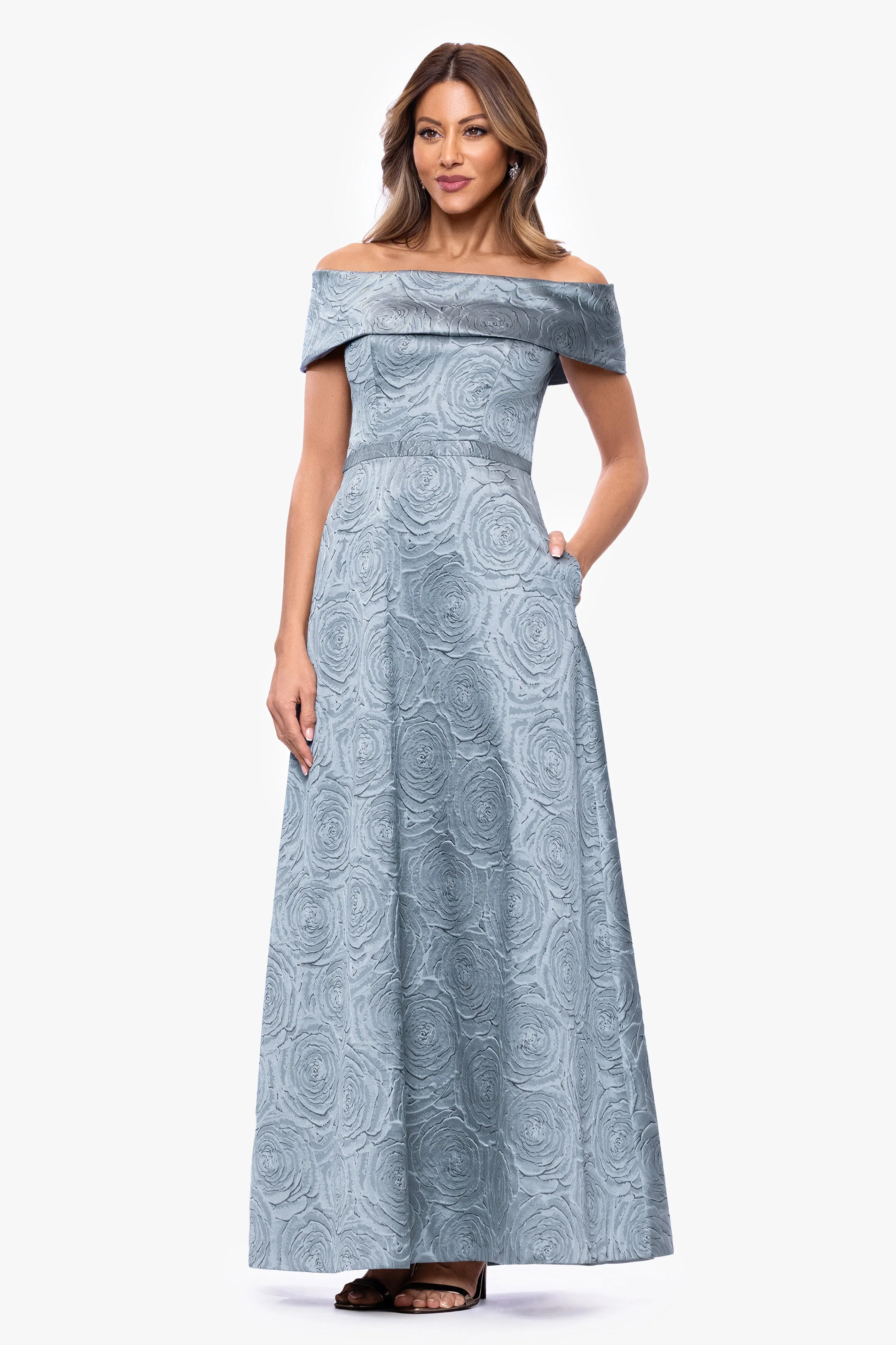 "Gloria" Brocade Off The Shoulder Floor Length Dress sold by Xscape product image thumbnail 4