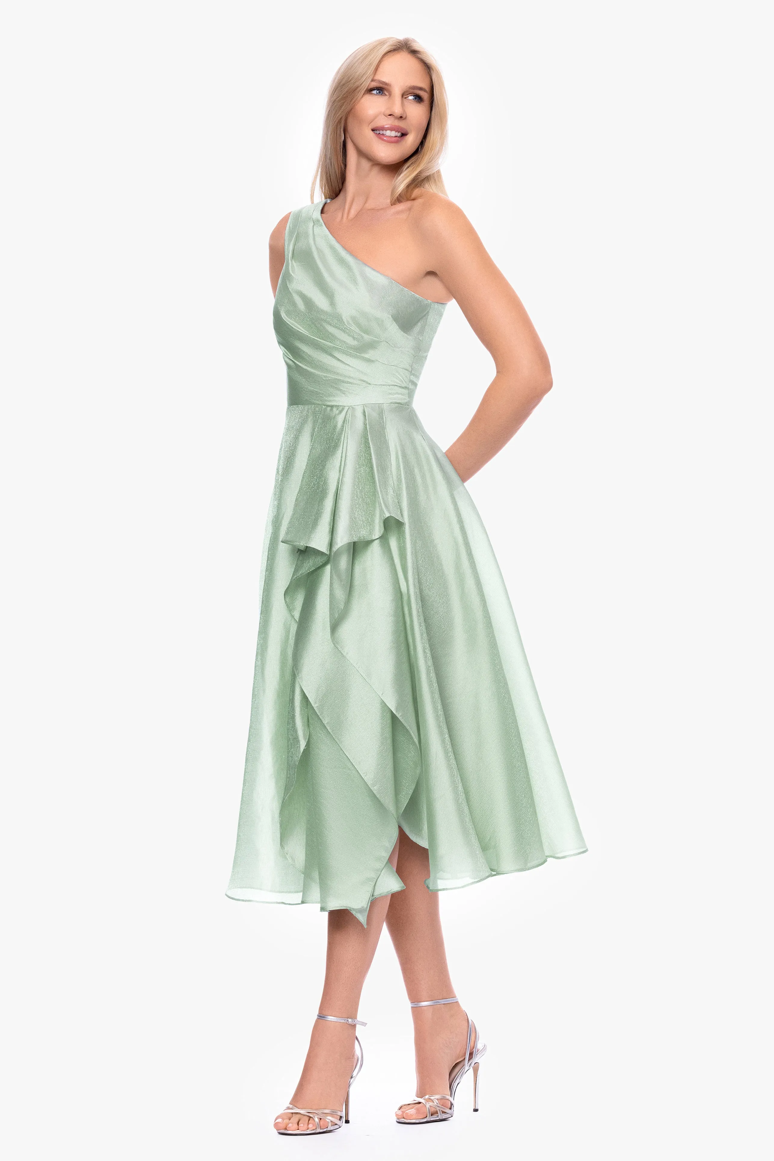 "Keira" Metallic Organza One Shoulder Midi Dress sold by Xscape product image thumbnail 5