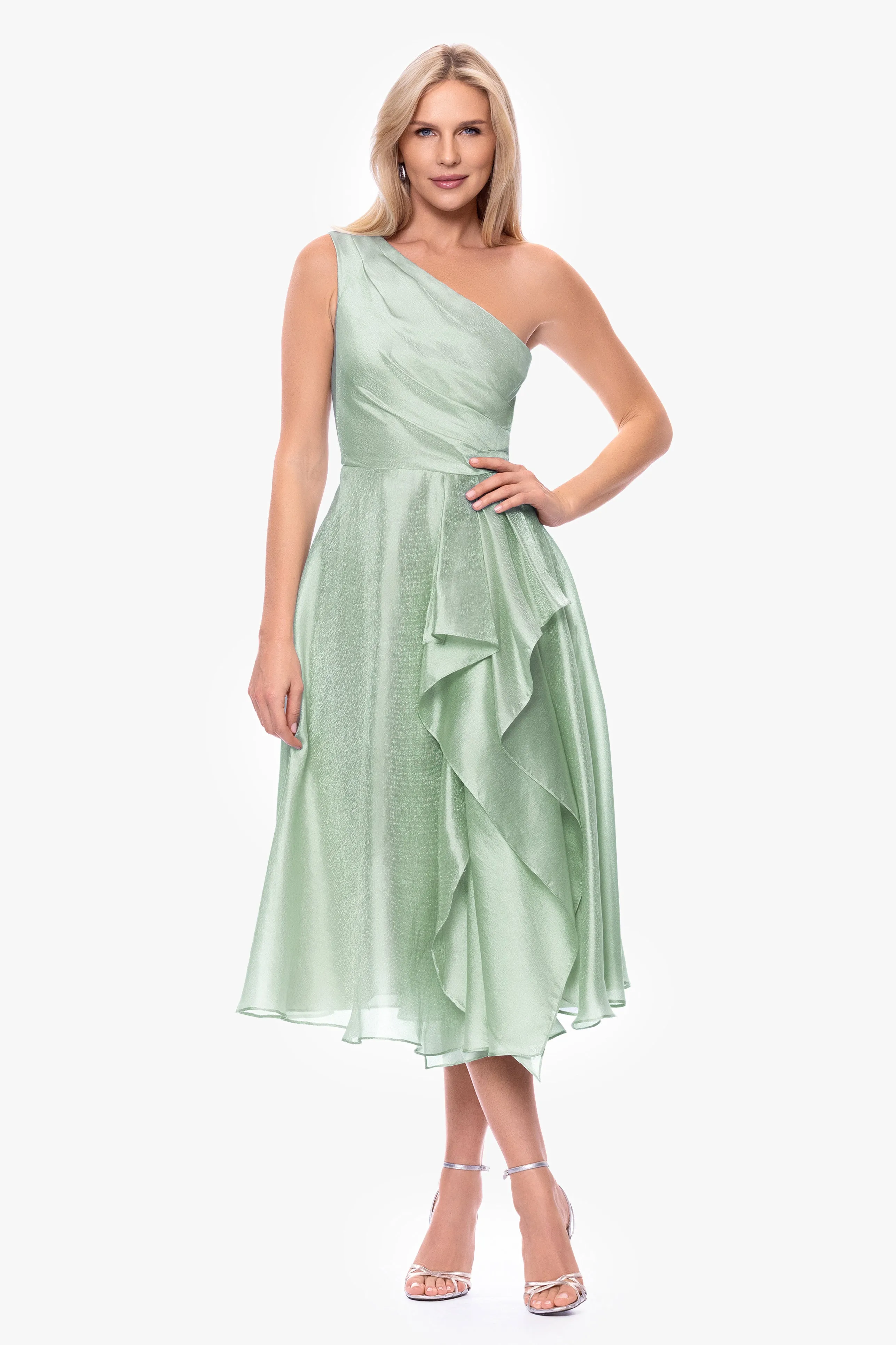 "Keira" Metallic Organza One Shoulder Midi Dress sold by Xscape product image thumbnail 2