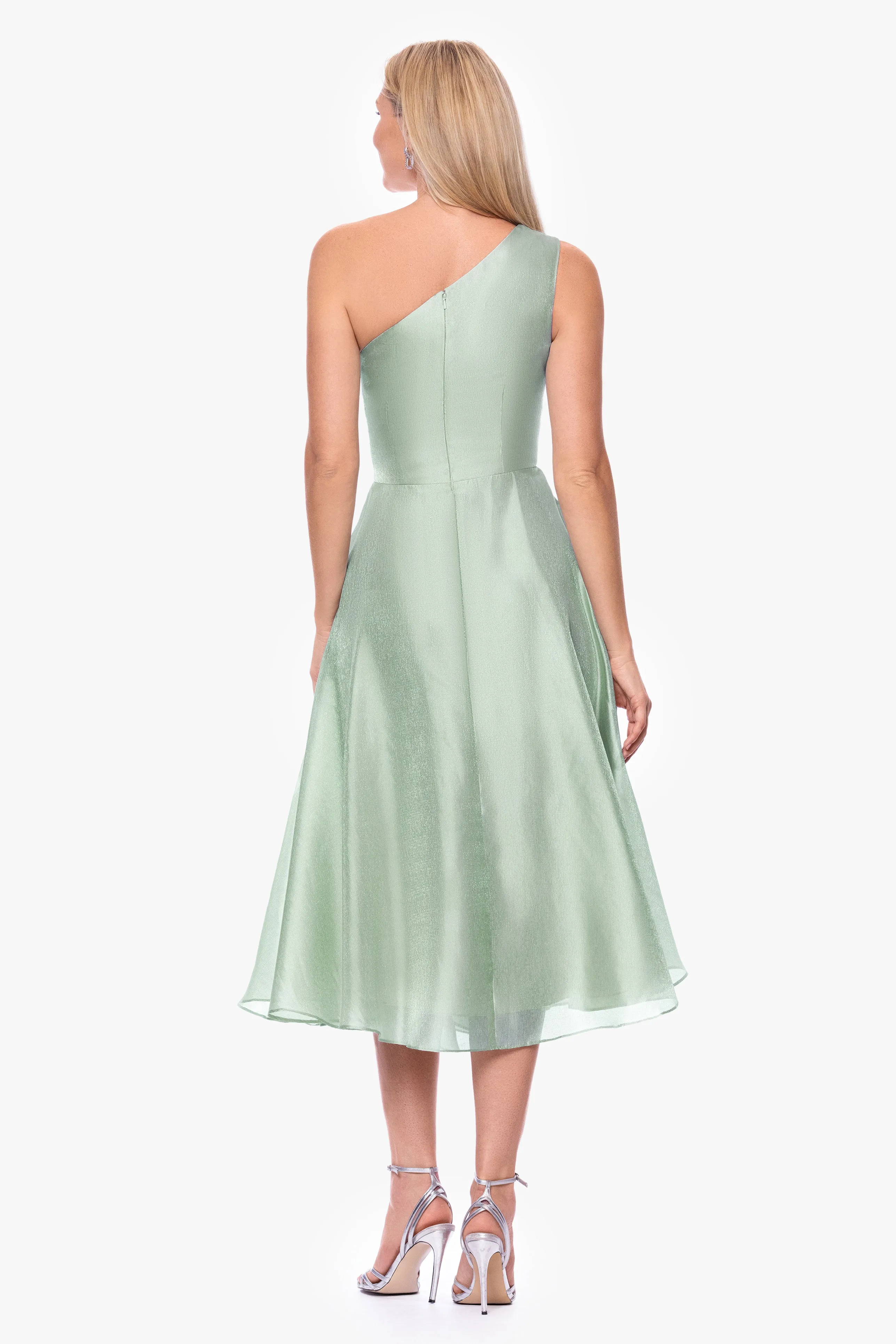 "Keira" Metallic Organza One Shoulder Midi Dress sold by Xscape product image thumbnail 4