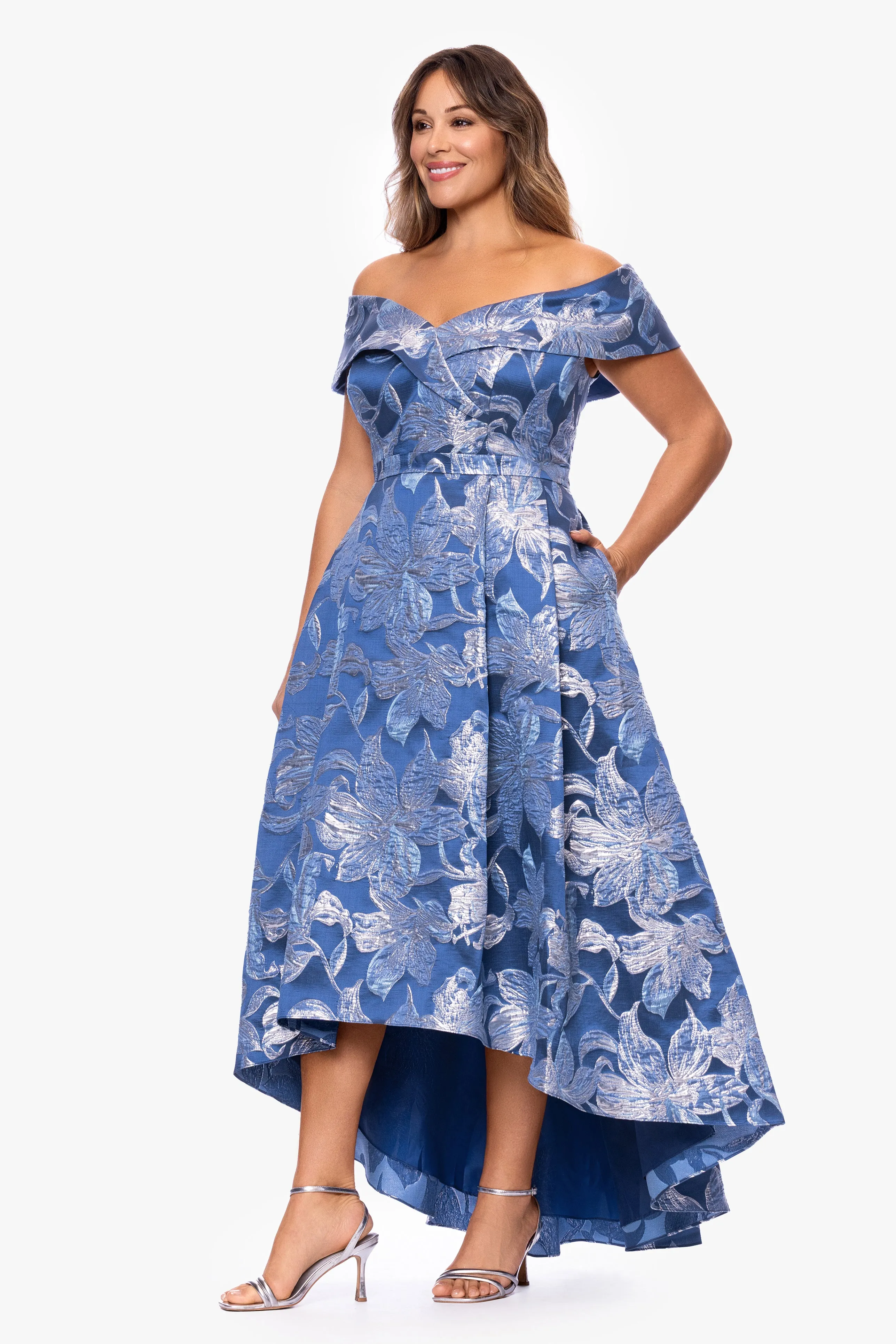 Plus "Matilda" Brocade Off The Shoulder High Low Floor Length Dress sold by Xscape product image thumbnail 4