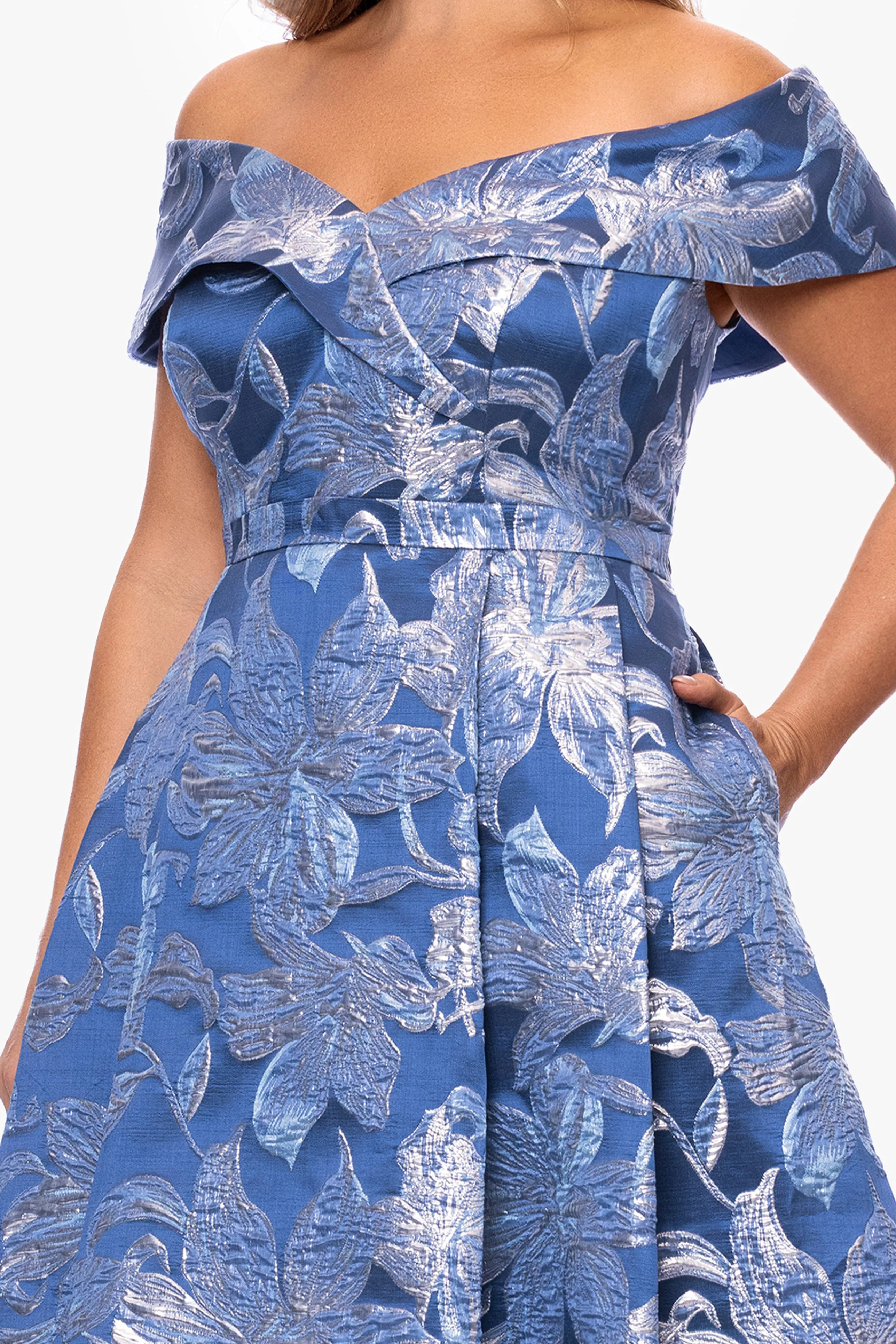 Plus "Matilda" Brocade Off The Shoulder High Low Floor Length Dress sold by Xscape product image thumbnail 2