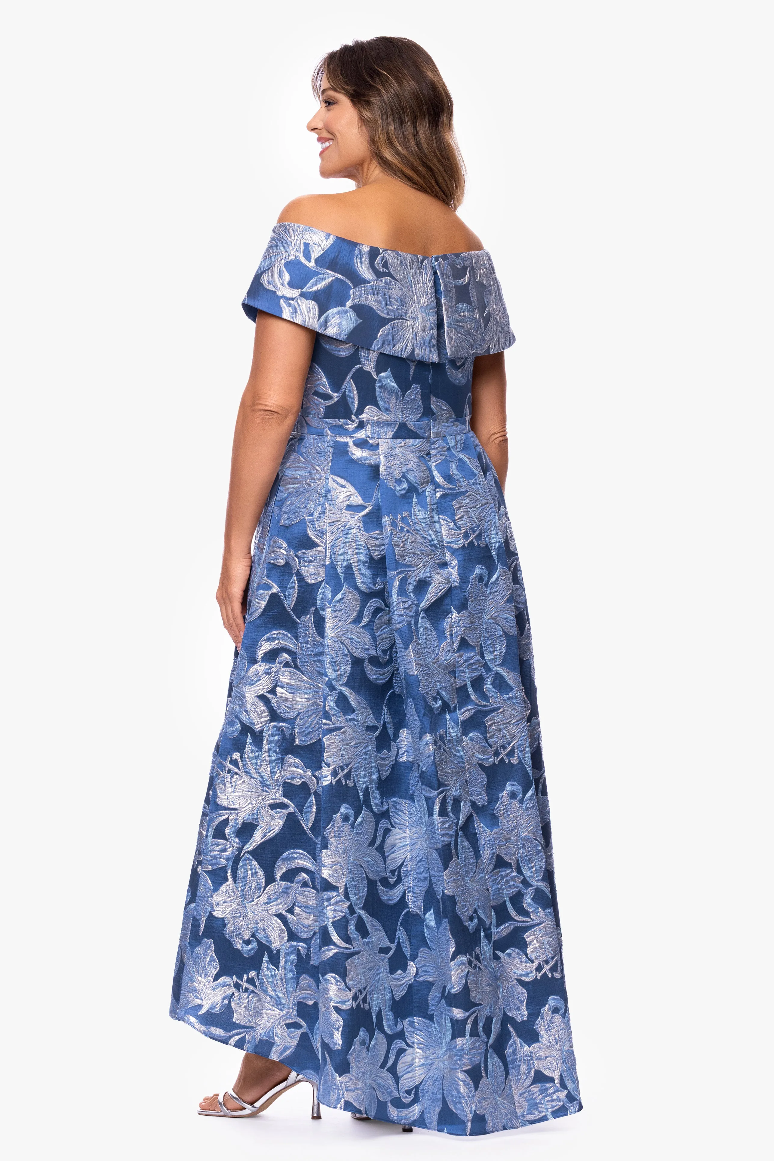 Plus "Matilda" Brocade Off The Shoulder High Low Floor Length Dress sold by Xscape product image thumbnail 3
