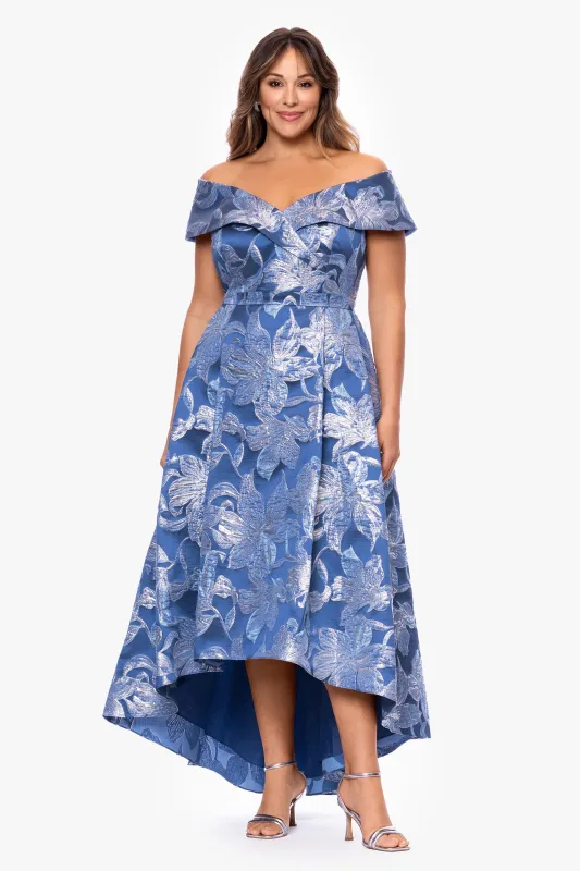 Plus "Matilda" Brocade Off The Shoulder High Low Floor Length Dress sold by Xscape