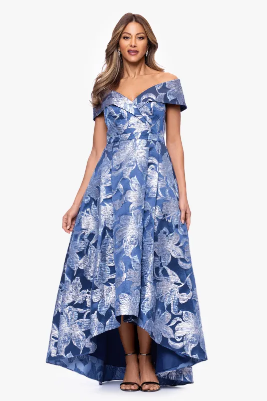 "Matilda" Brocade Off The Shoulder High Low Floor Length Dress sold by Xscape