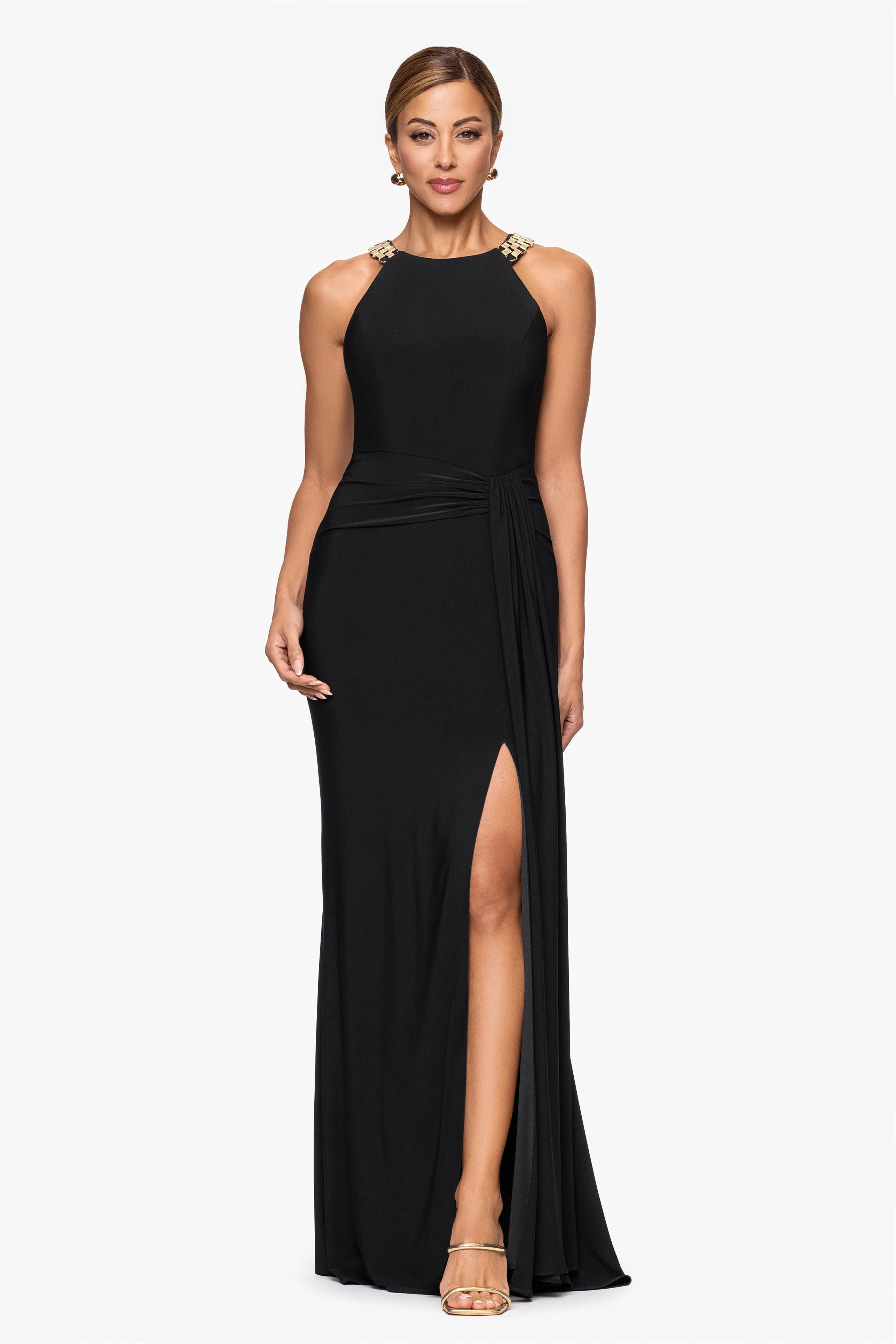 Petite "Malia" Jersey Knit Chain Embellished Floor Length Dress sold by Xscape