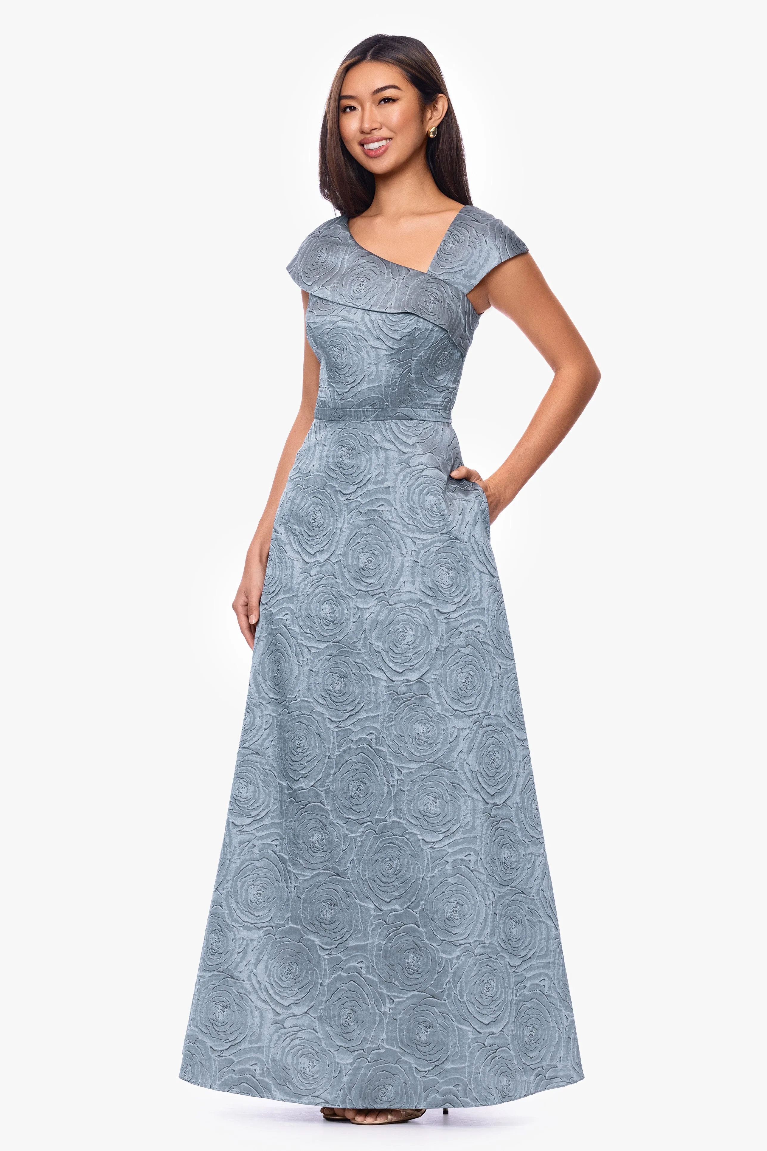 "Lorelai" Brocade Asymmetric Neck Floor Length Dress sold by Xscape product image thumbnail 4