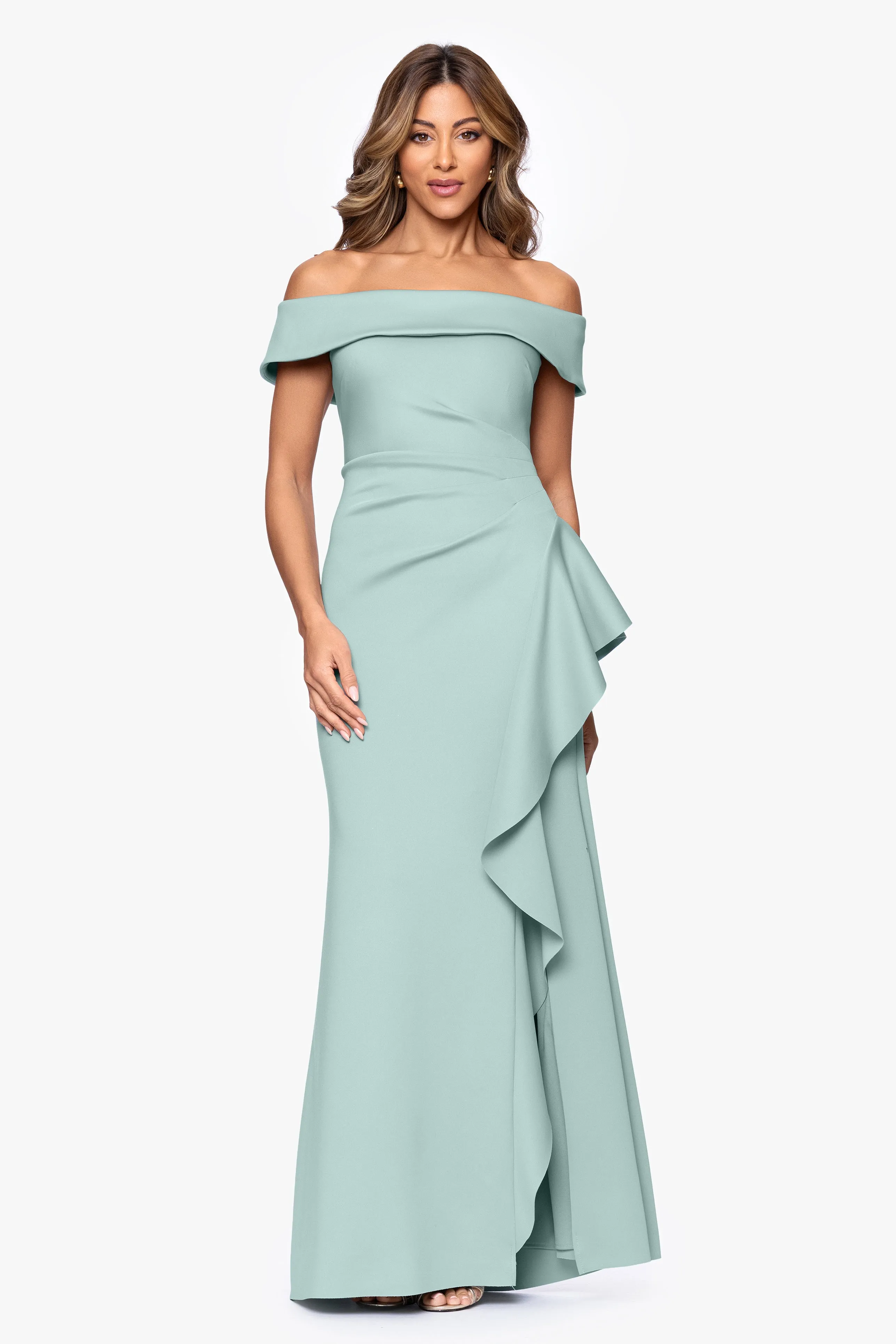 Petite "Dolly" Techno Scuba Off the Shoulder Ruffle Floor Length Dress sold by Xscape