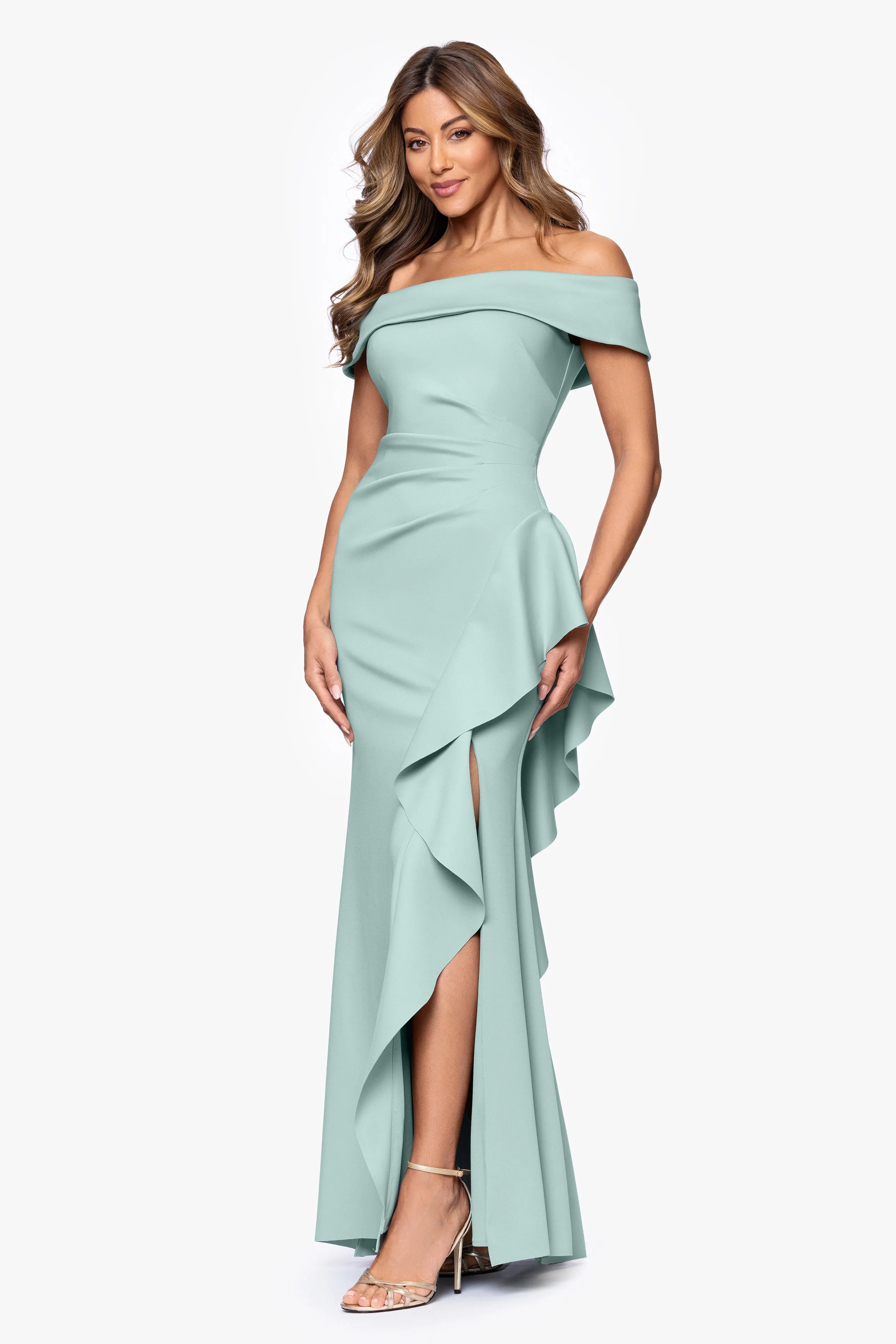 Petite "Dolly" Techno Scuba Off the Shoulder Ruffle Floor Length Dress sold by Xscape product image thumbnail 4