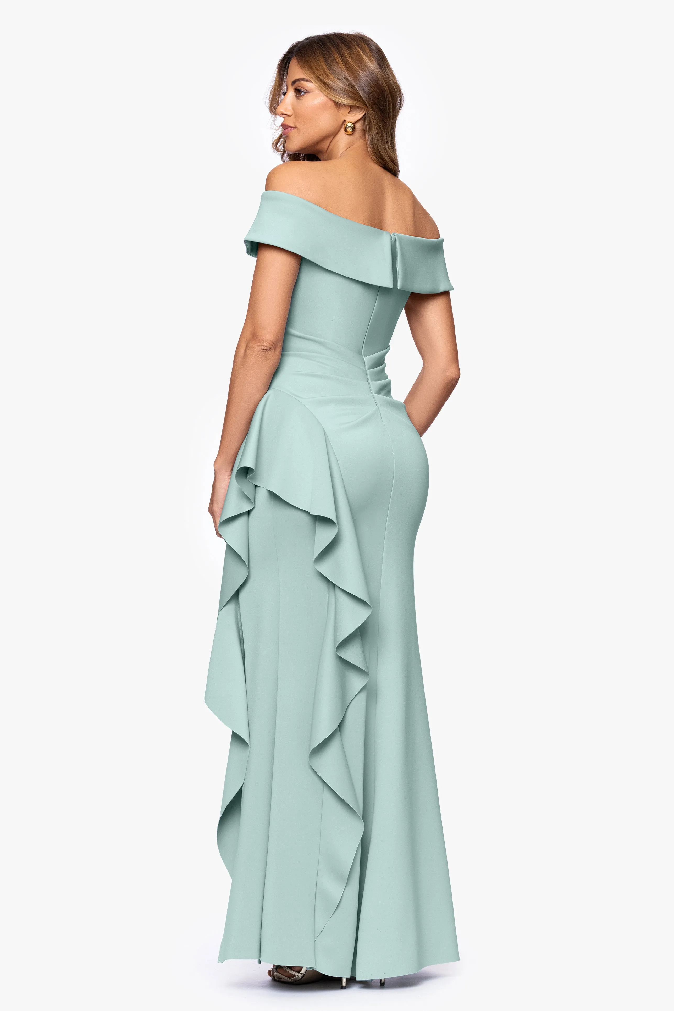 Petite "Dolly" Techno Scuba Off the Shoulder Ruffle Floor Length Dress sold by Xscape product image thumbnail 3