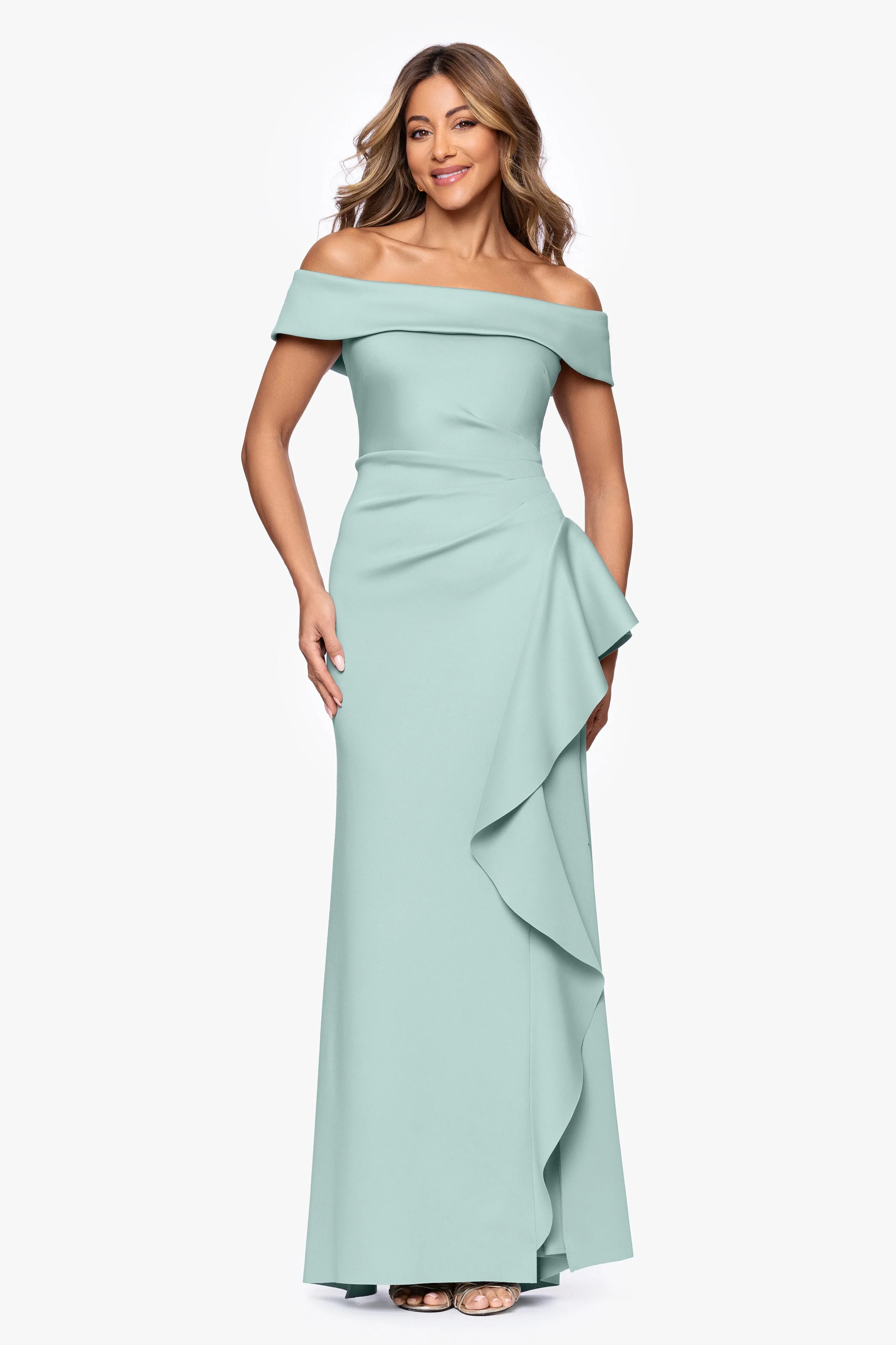 Petite "Dolly" Techno Scuba Off the Shoulder Ruffle Floor Length Dress sold by Xscape product image thumbnail 5