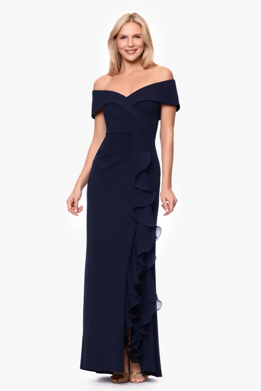 "Sara" Scuba Crepe with Chiffon Ruffle Floor Length Dress sold by Xscape