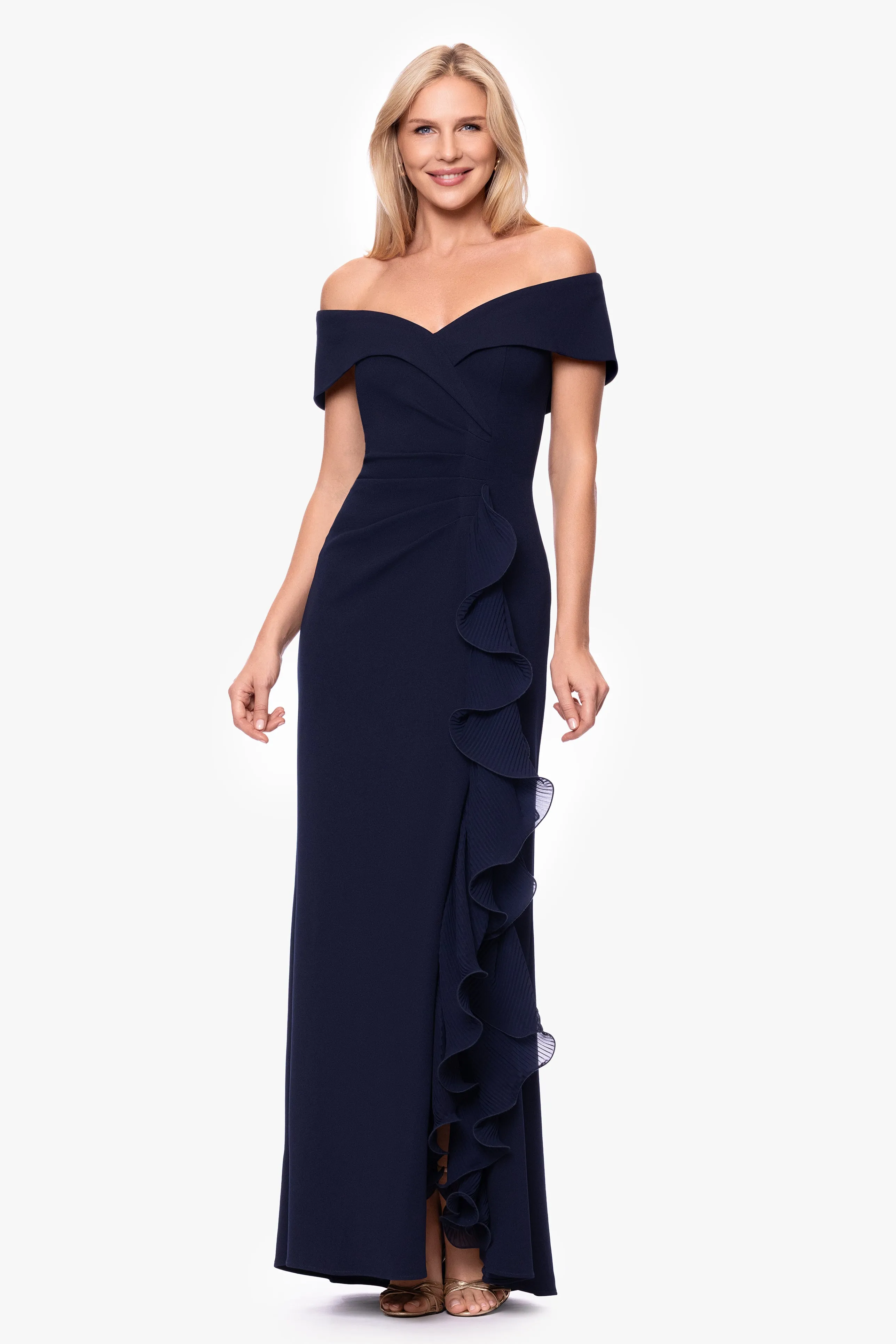 "Sara" Scuba Crepe with Chiffon Ruffle Floor Length Dress sold by Xscape