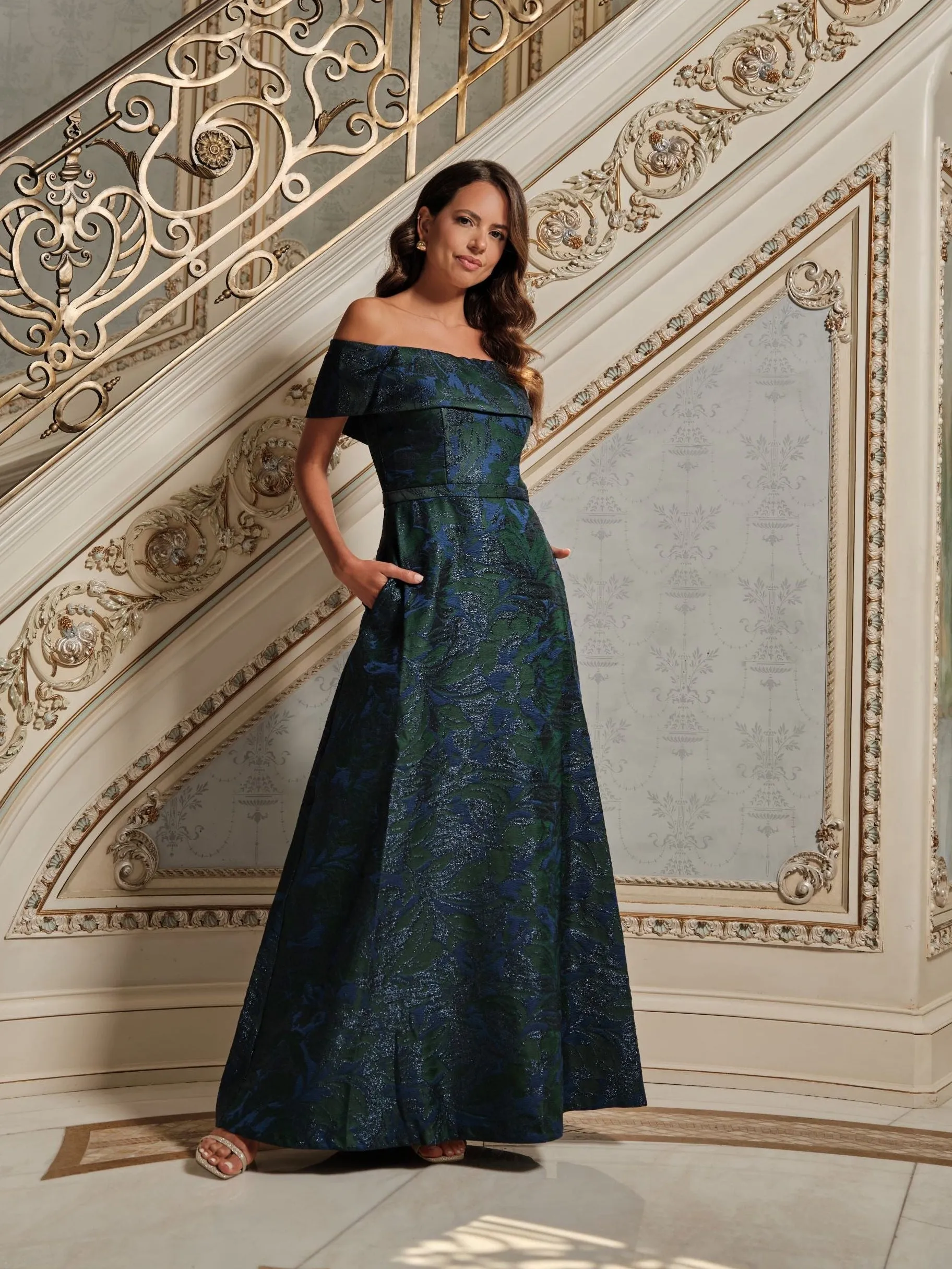 "June" Jacquard Off the Shoulder Floor Length Dress sold by Xscape