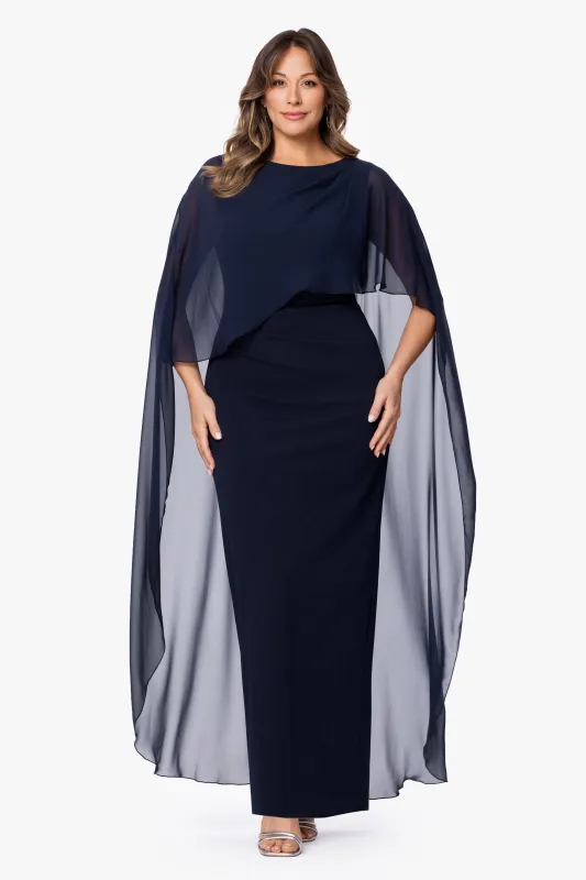 Plus "Gwenyth" Scuba Crepe and Chiffon Cape Floor Length Dress sold by Xscape