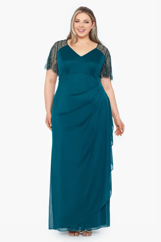 Plus "Lana" Long V-Neck Beaded Flutter Sleeve Dress made by Xscape