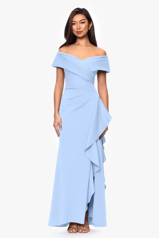 Petite "Pearl" Techno Scuba Off the Shoulder Ruffle Floor Length Dress made by Xscape