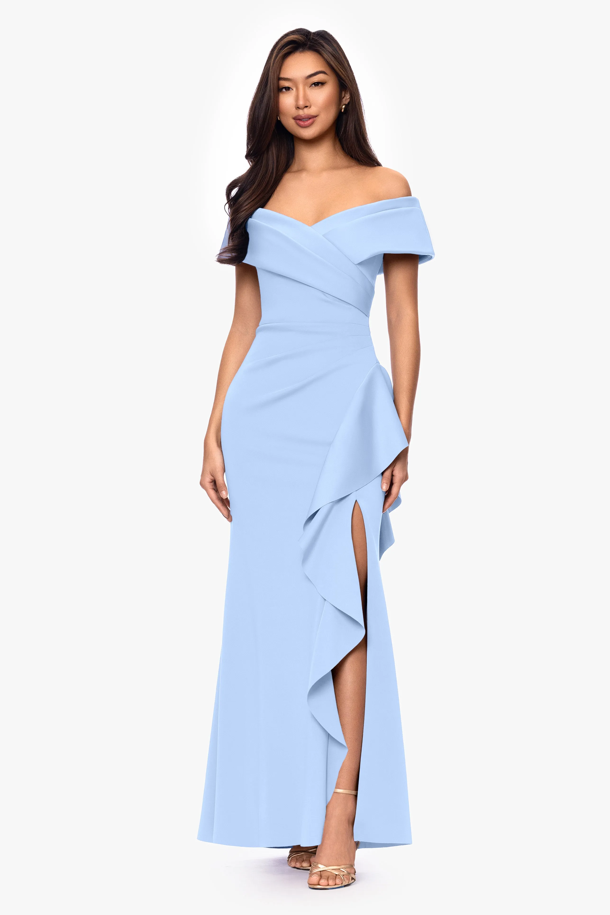 Petite "Pearl" Techno Scuba Off the Shoulder Ruffle Floor Length Dress sold by Xscape product image thumbnail 5