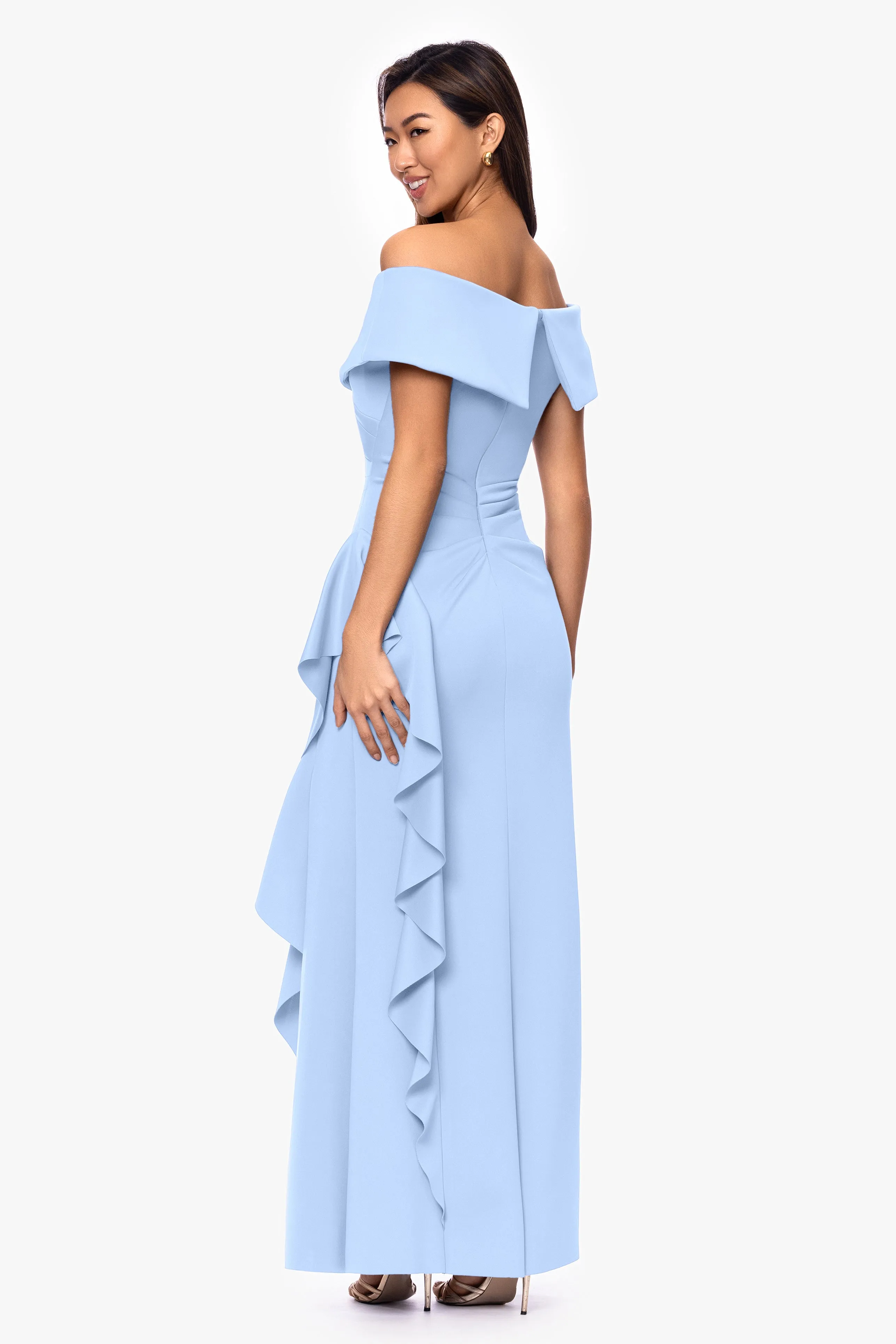 Petite "Pearl" Techno Scuba Off the Shoulder Ruffle Floor Length Dress sold by Xscape product image thumbnail 3