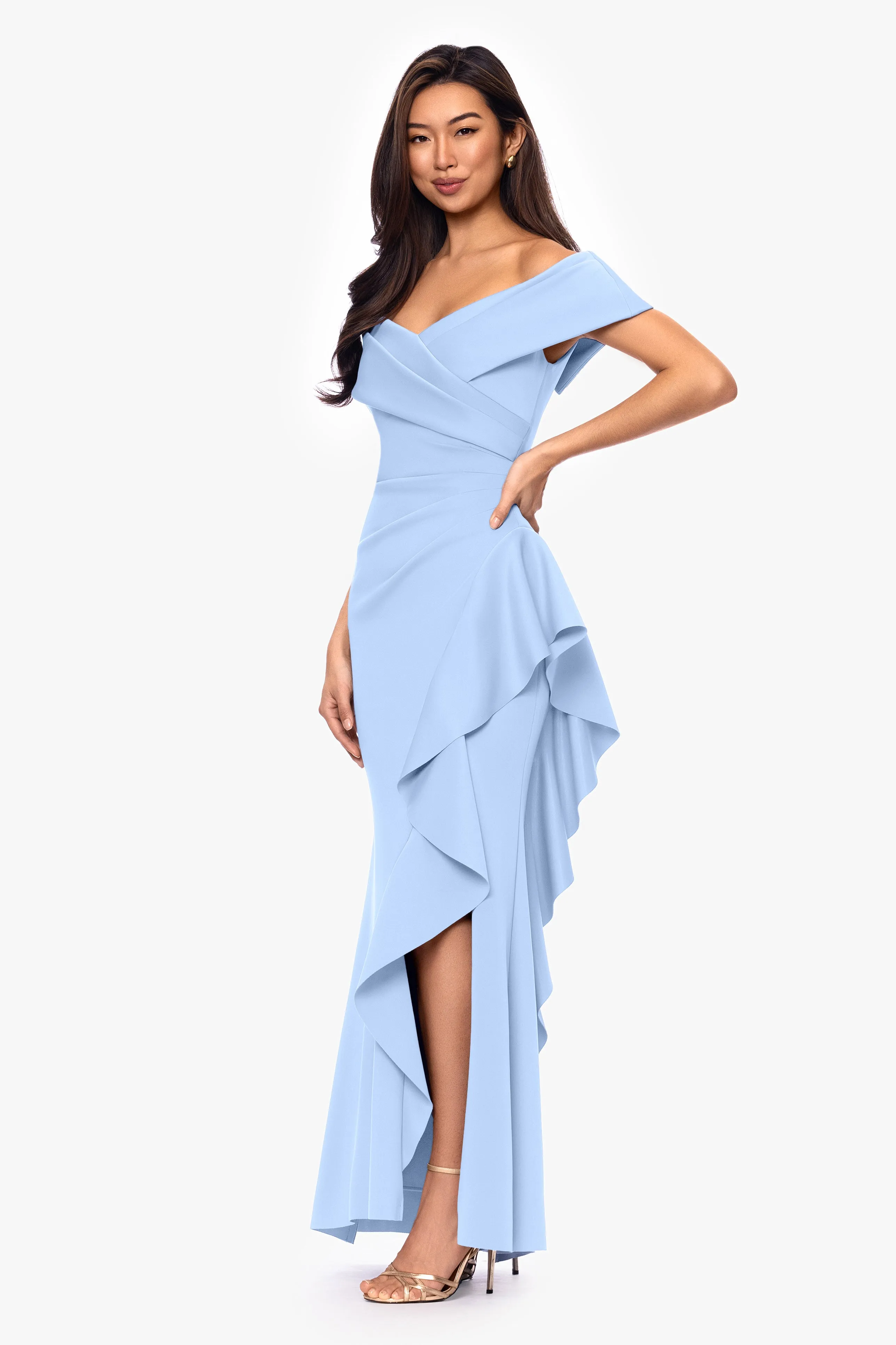 Petite "Pearl" Techno Scuba Off the Shoulder Ruffle Floor Length Dress sold by Xscape product image thumbnail 4
