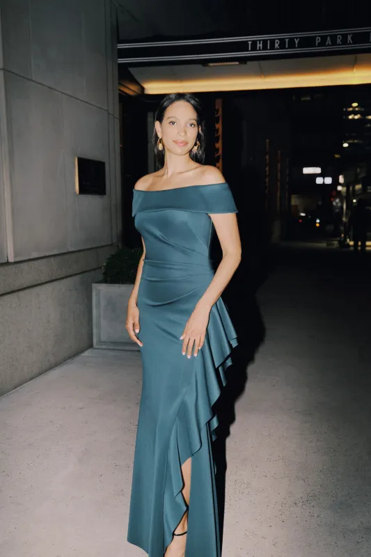 Petite "Dolly" Techno Scuba Off the Shoulder Ruffle Floor Length Dress made by Xscape