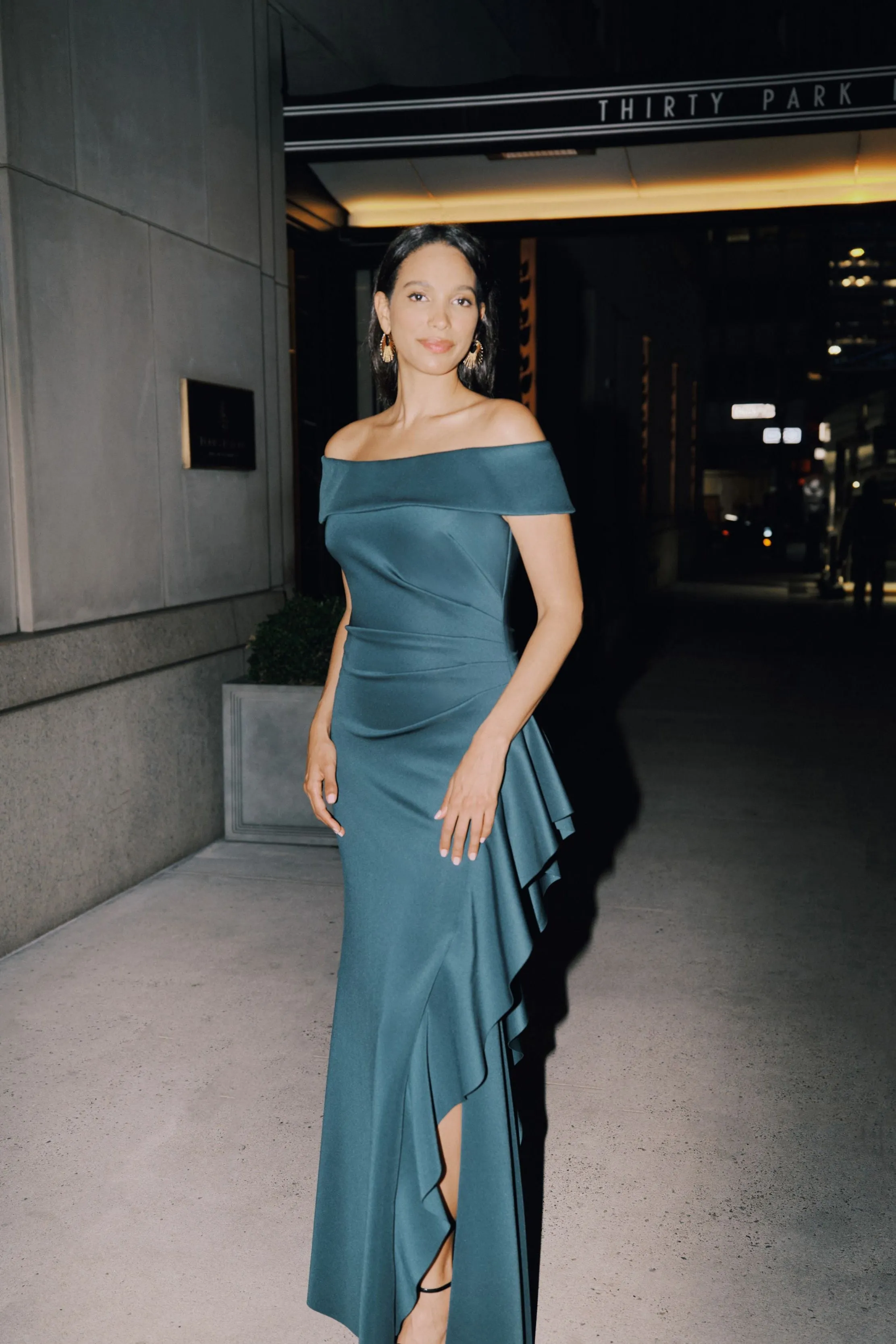 Petite "Dolly" Techno Scuba Off the Shoulder Ruffle Floor Length Dress sold by Xscape