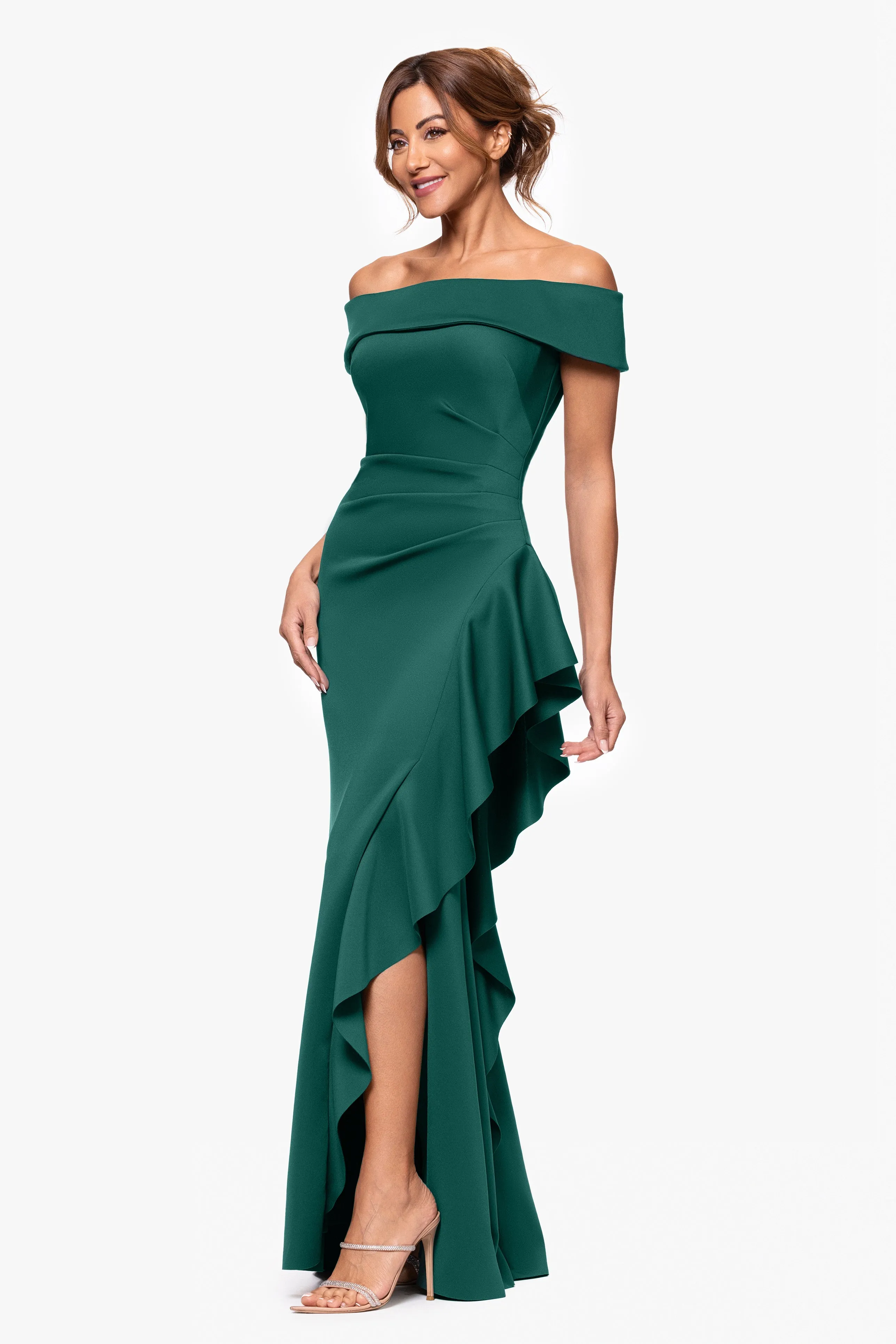 Petite "Dolly" Techno Scuba Off the Shoulder Ruffle Floor Length Dress sold by Xscape product image thumbnail 5