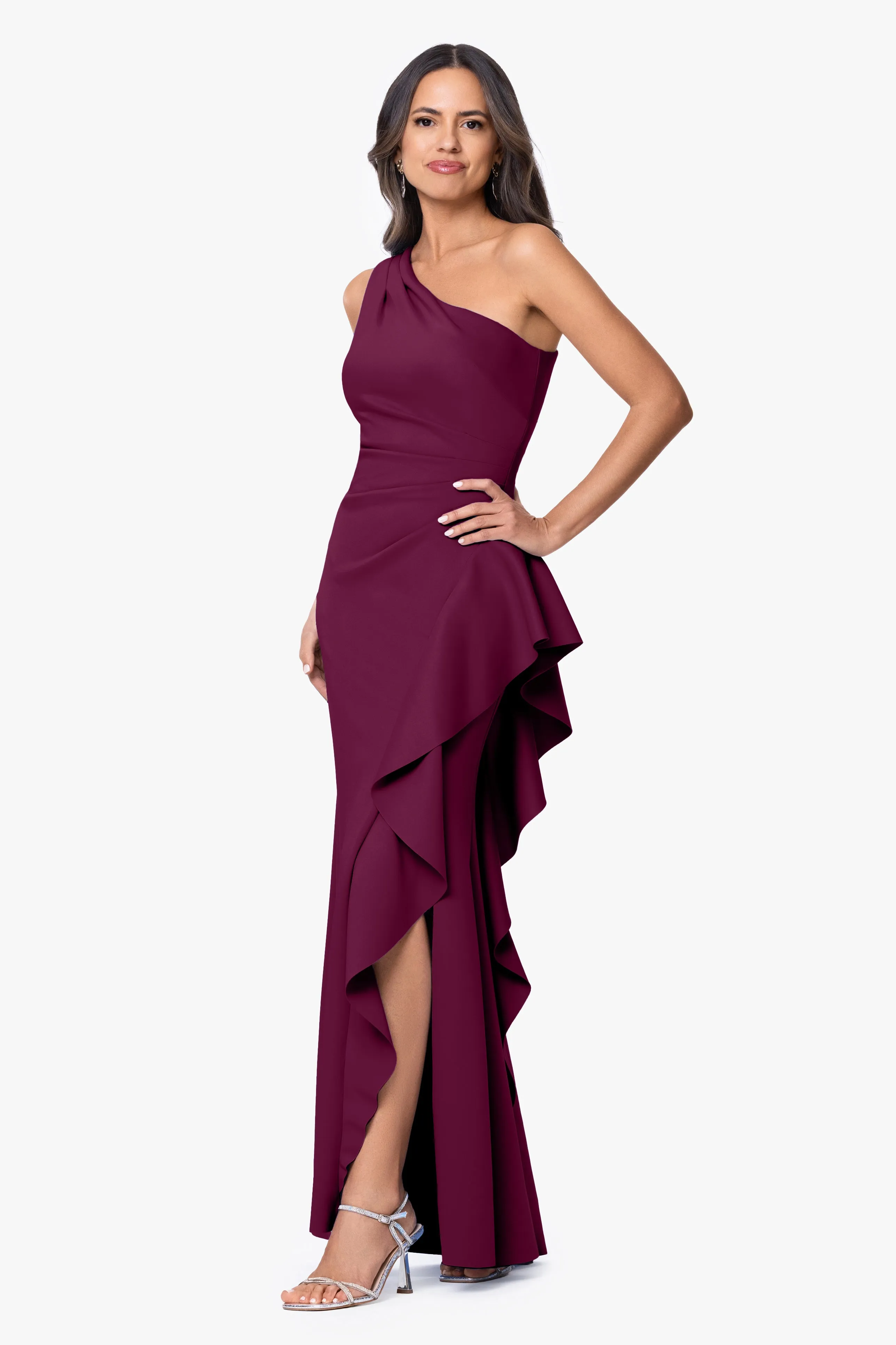 "Flo" Long Techno Scuba One Shoulder Ruffle Dress sold by Xscape product image thumbnail 4