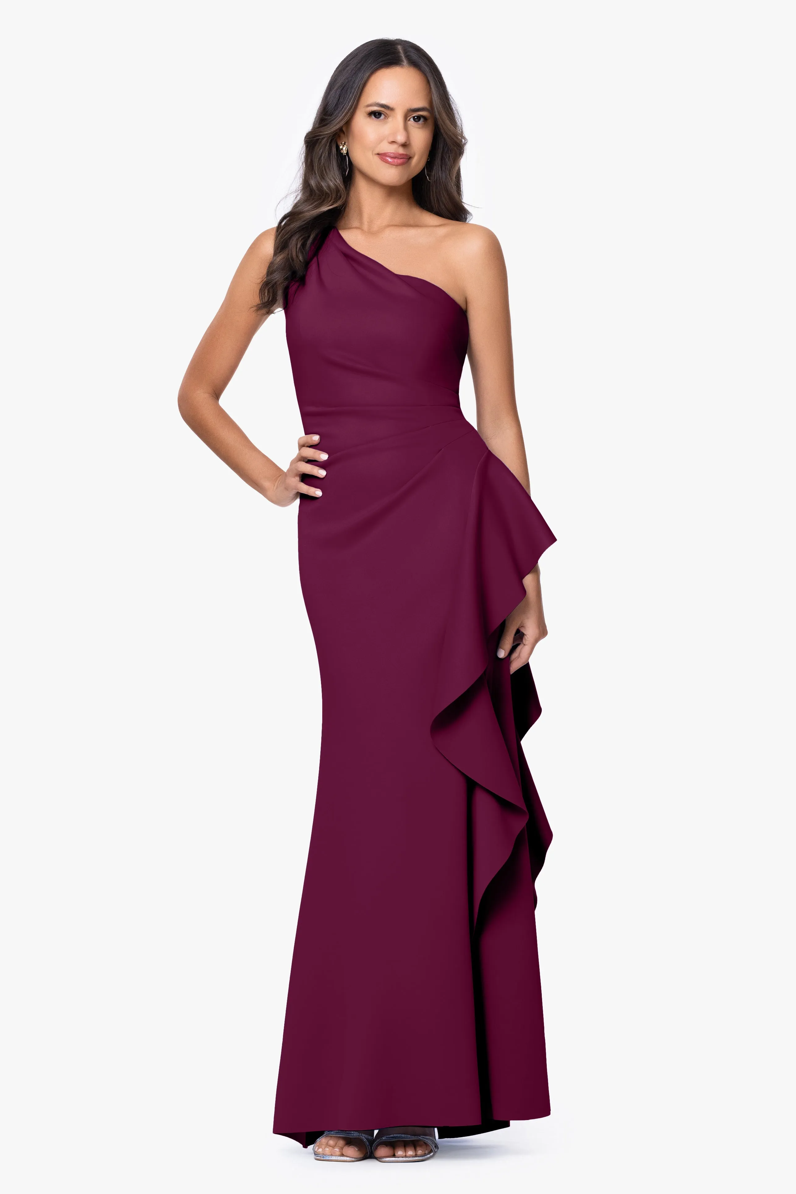 "Flo" Long Techno Scuba One Shoulder Ruffle Dress sold by Xscape