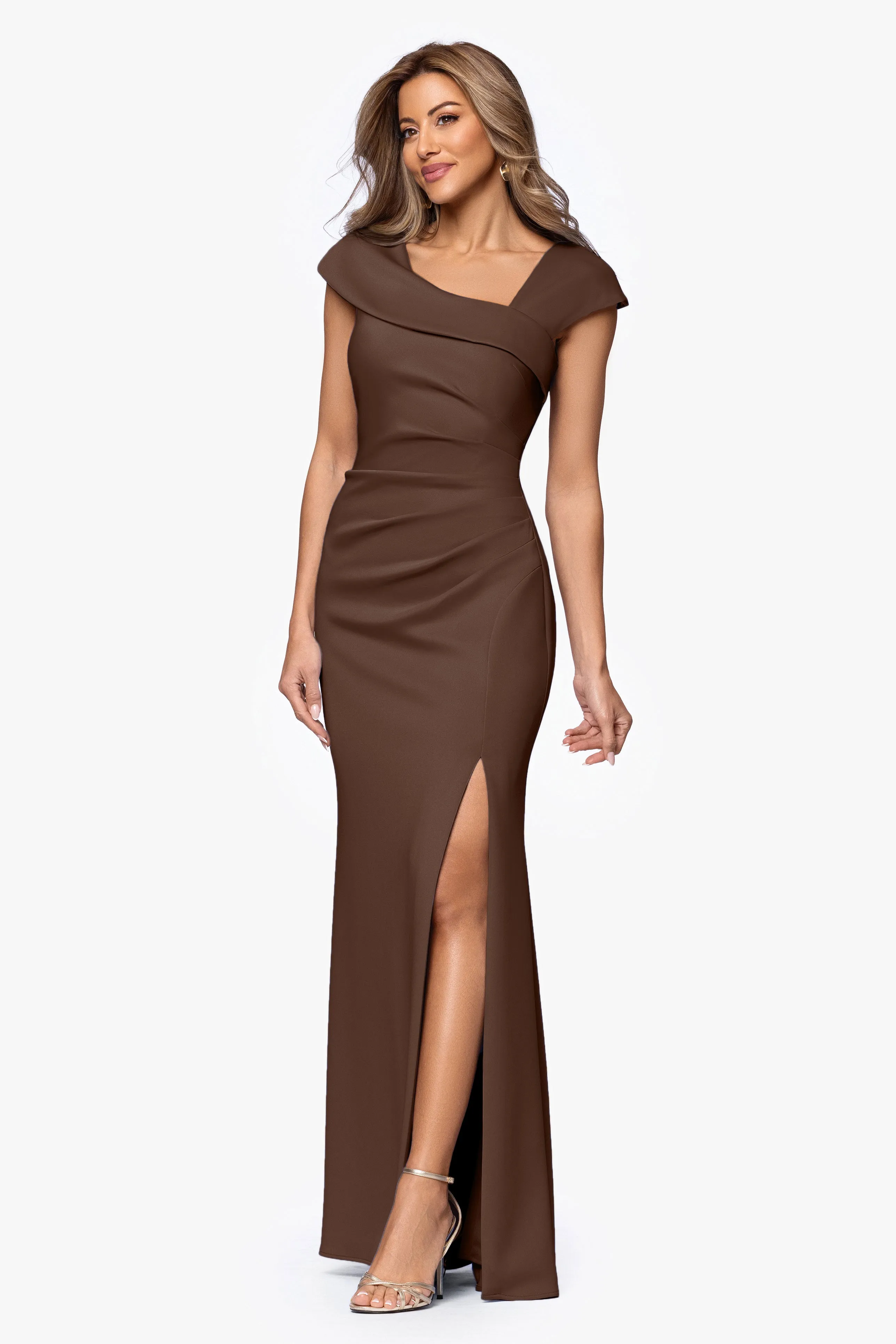 "Lenore " Long Asymmetrical Neckline Techno Scuba Dress sold by Xscape product image thumbnail 4
