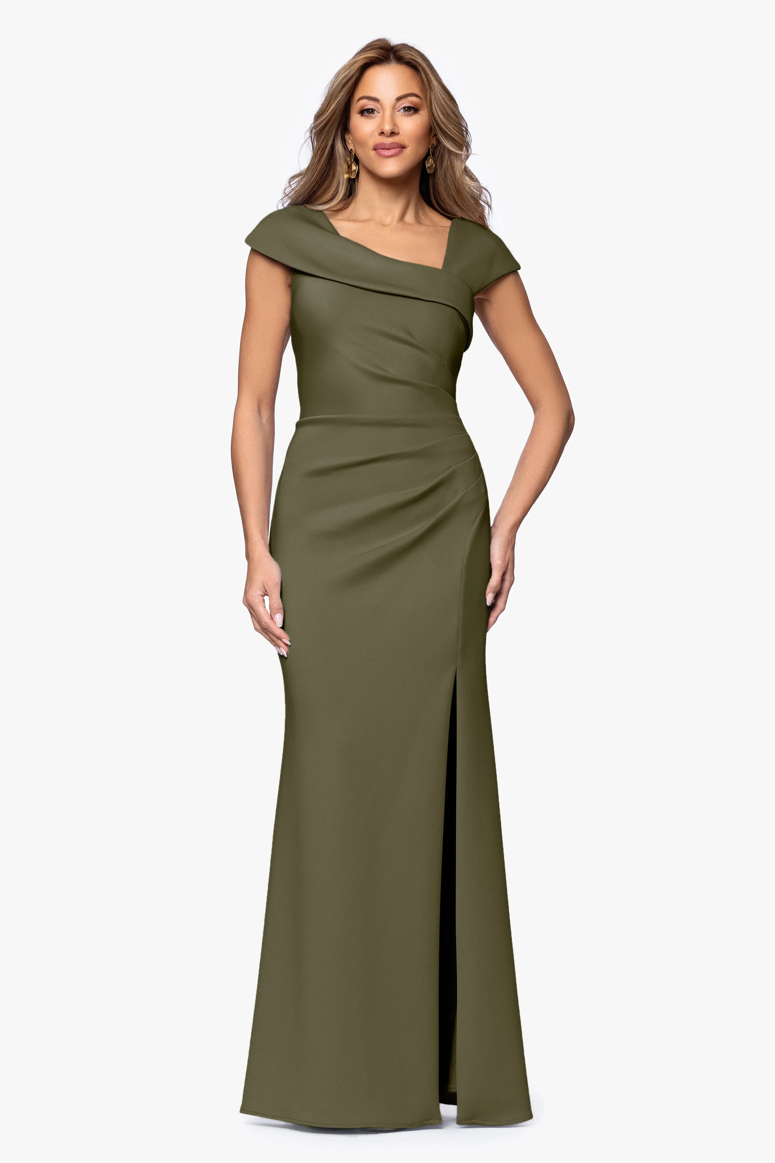 "Lenore " Long Asymmetrical Neckline Techno Scuba Dress sold by Xscape