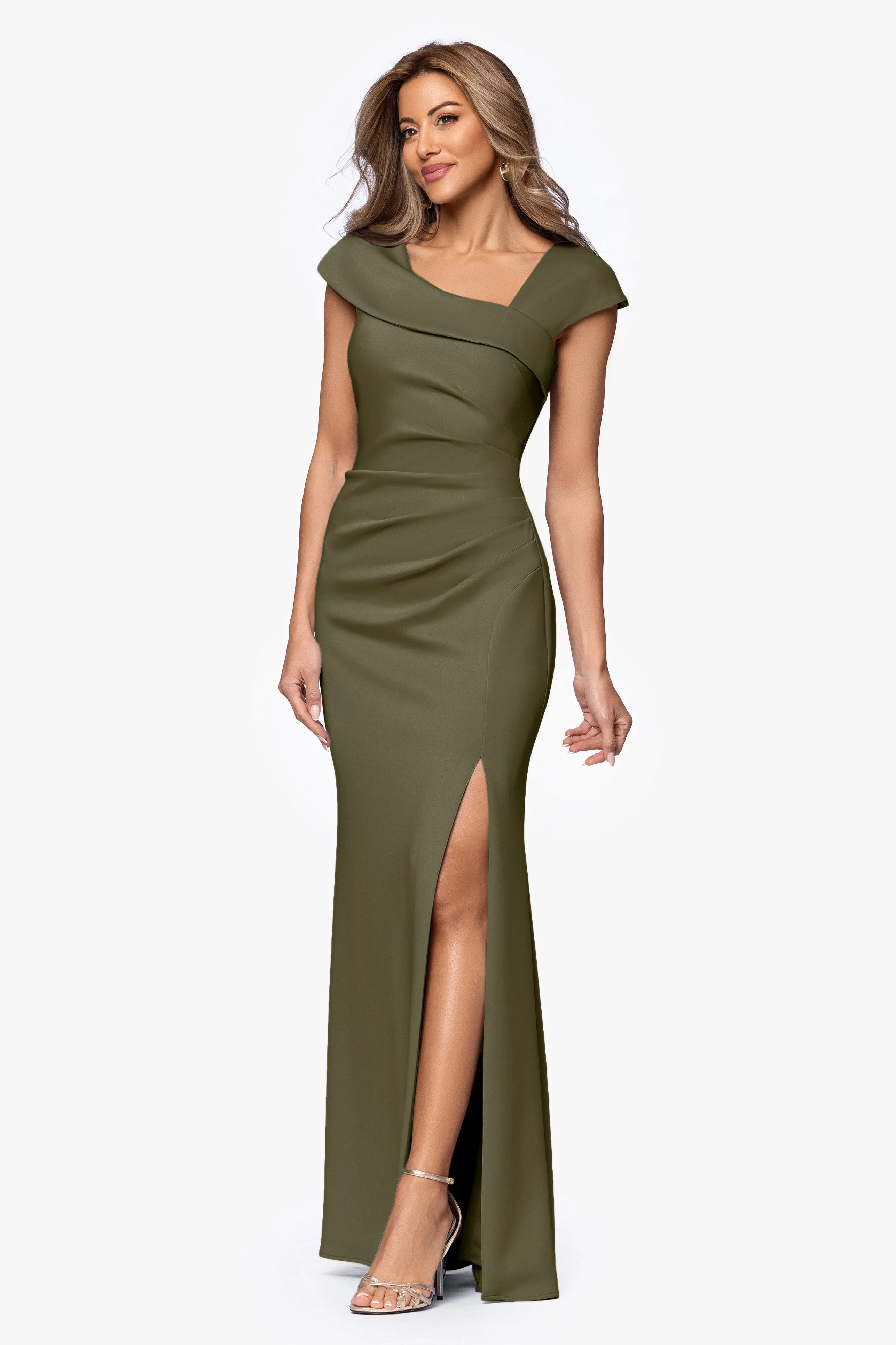 "Lenore " Long Asymmetrical Neckline Techno Scuba Dress sold by Xscape product image thumbnail 4